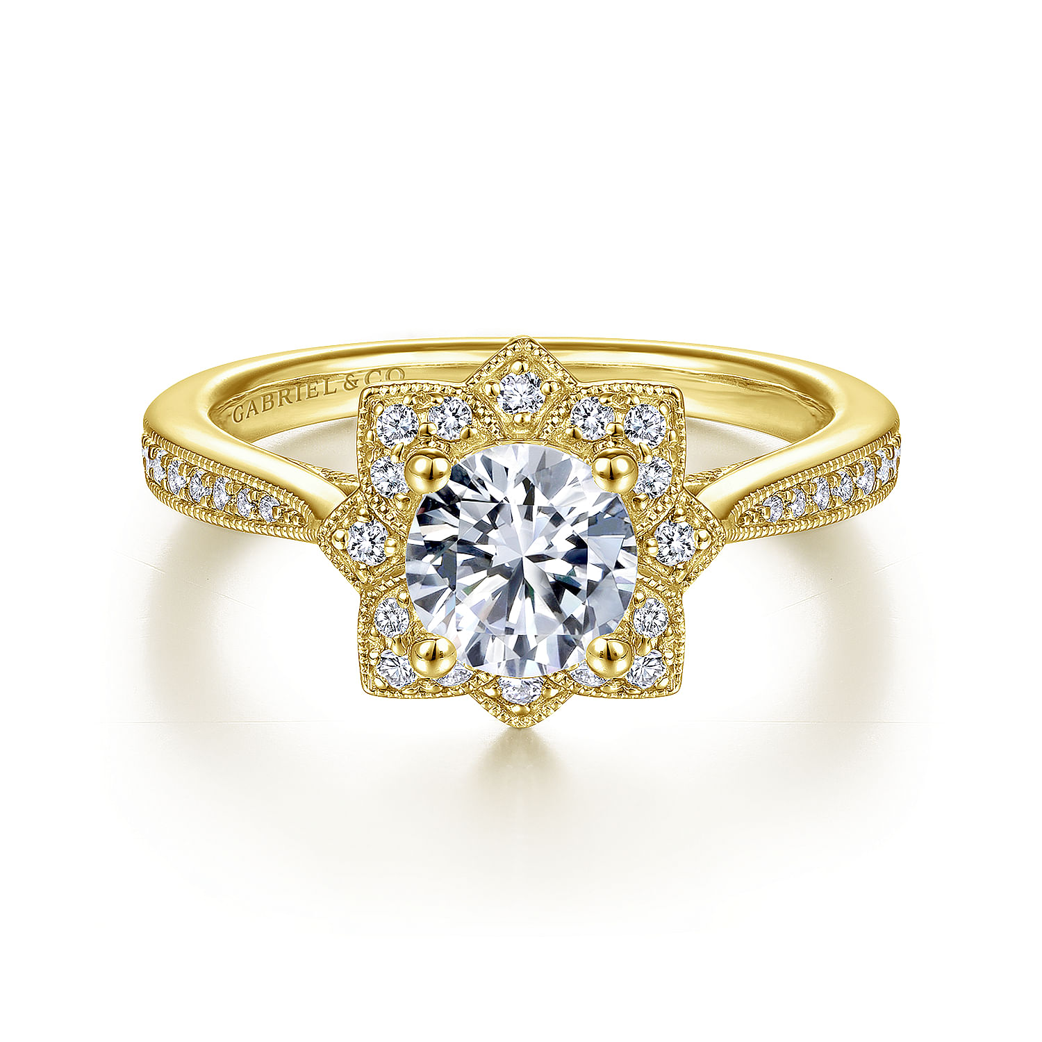 Gretel - Unique 14K Yellow Gold Vintage Inspired Halo Diamond Engagement Ring
