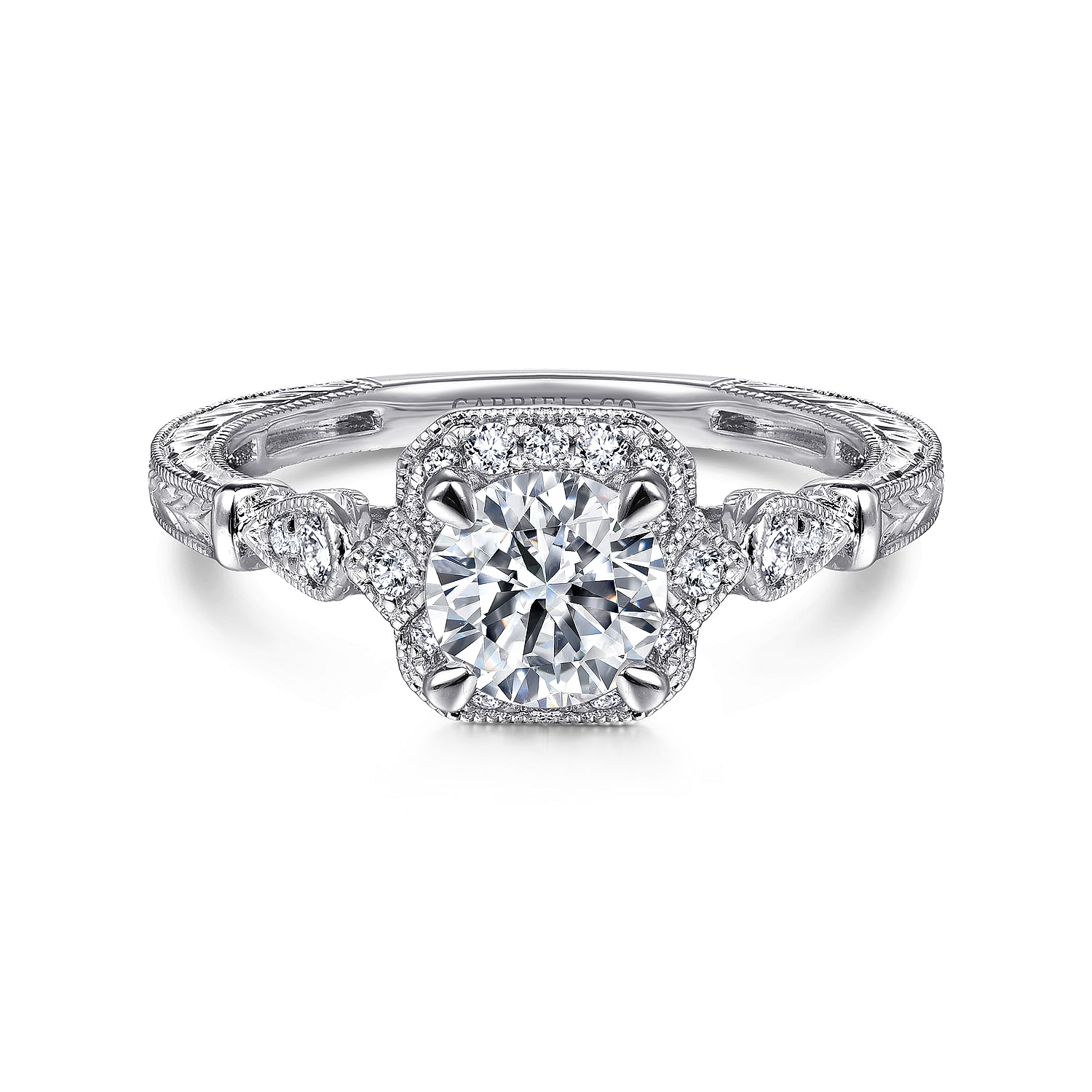 Hancock - Art Deco 14K White Gold Round Halo Diamond Engagement Ring