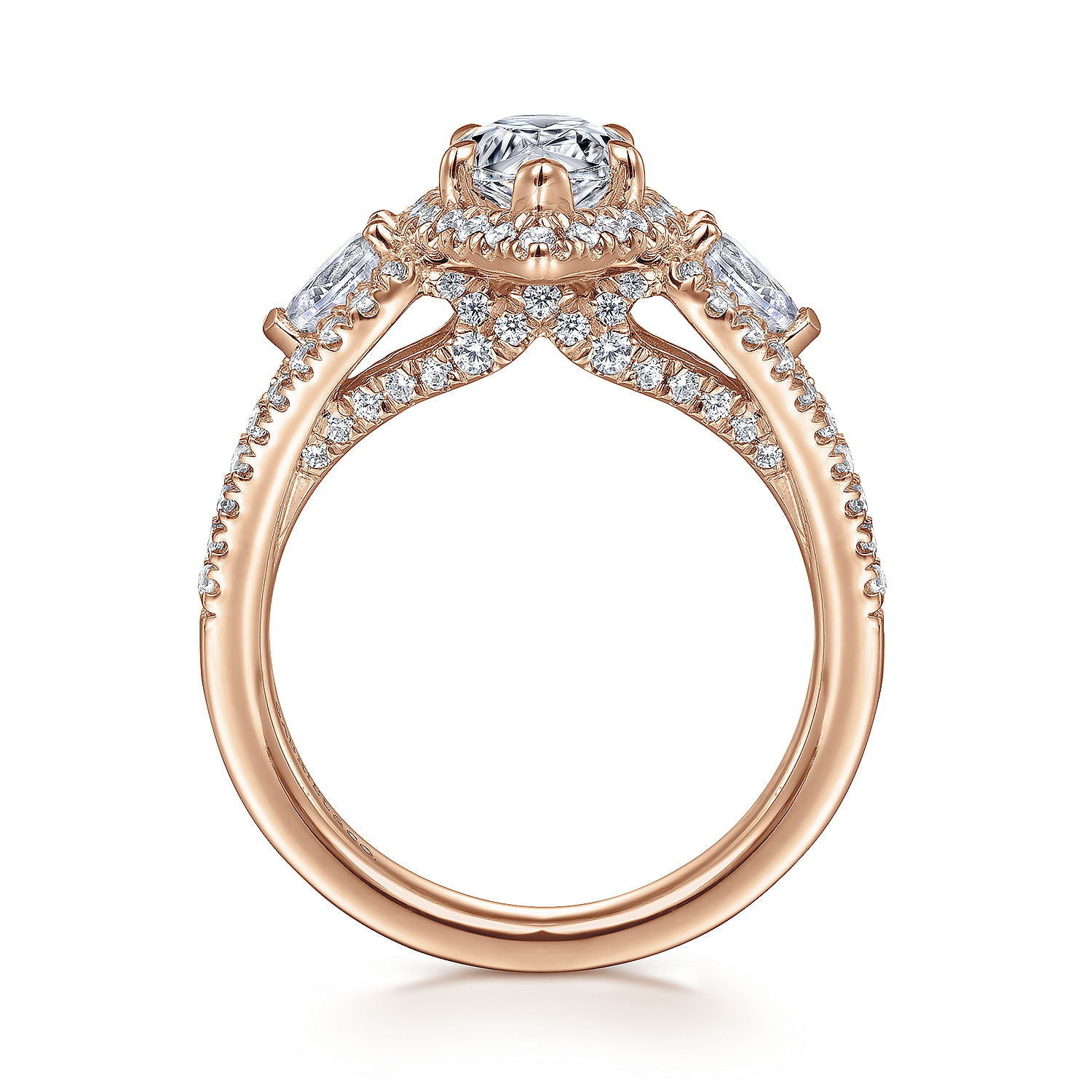 Hartley - 14K Rose Gold Pear Shape Three Stone Halo Diamond Engagement Ring