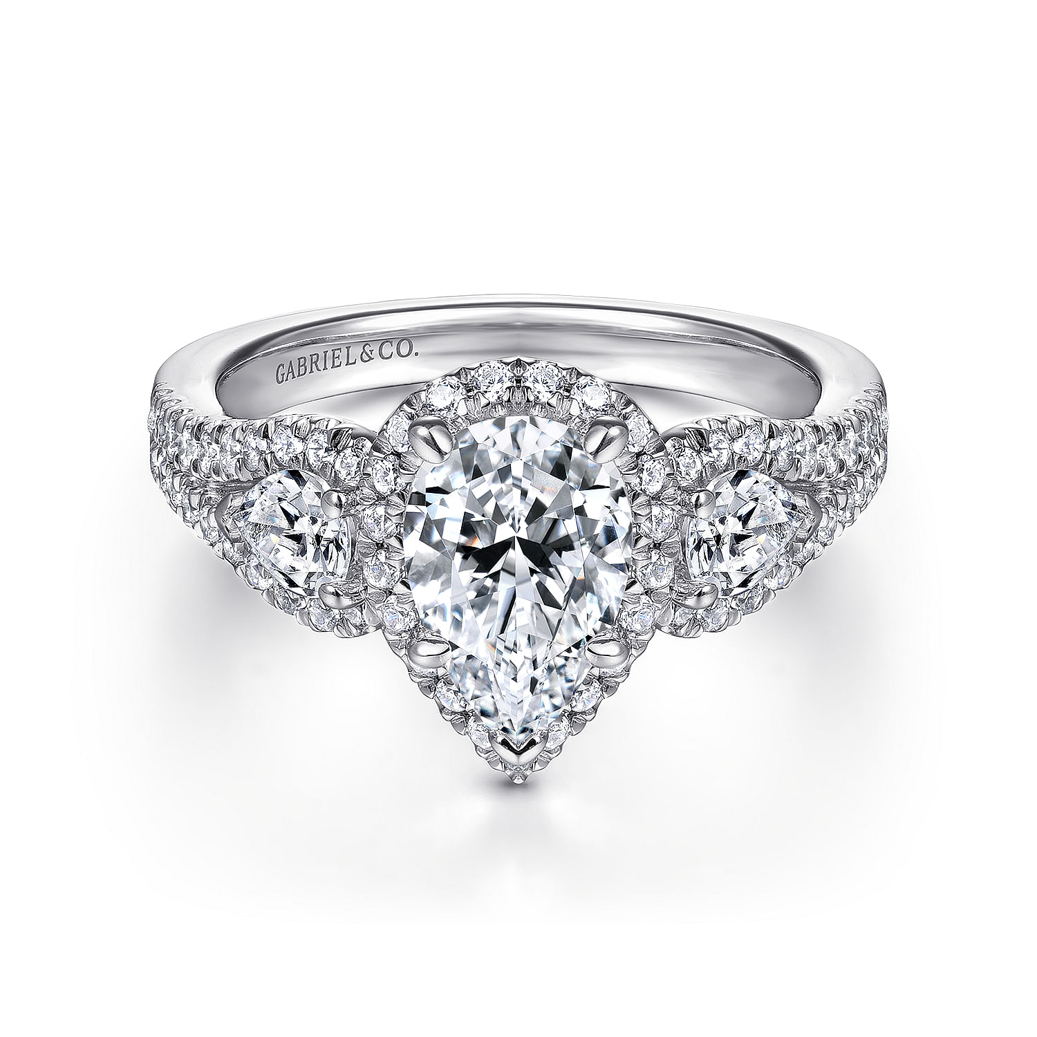 Hartley - 14K White Gold Pear Shape Three Stone Halo Diamond Engagement Ring
