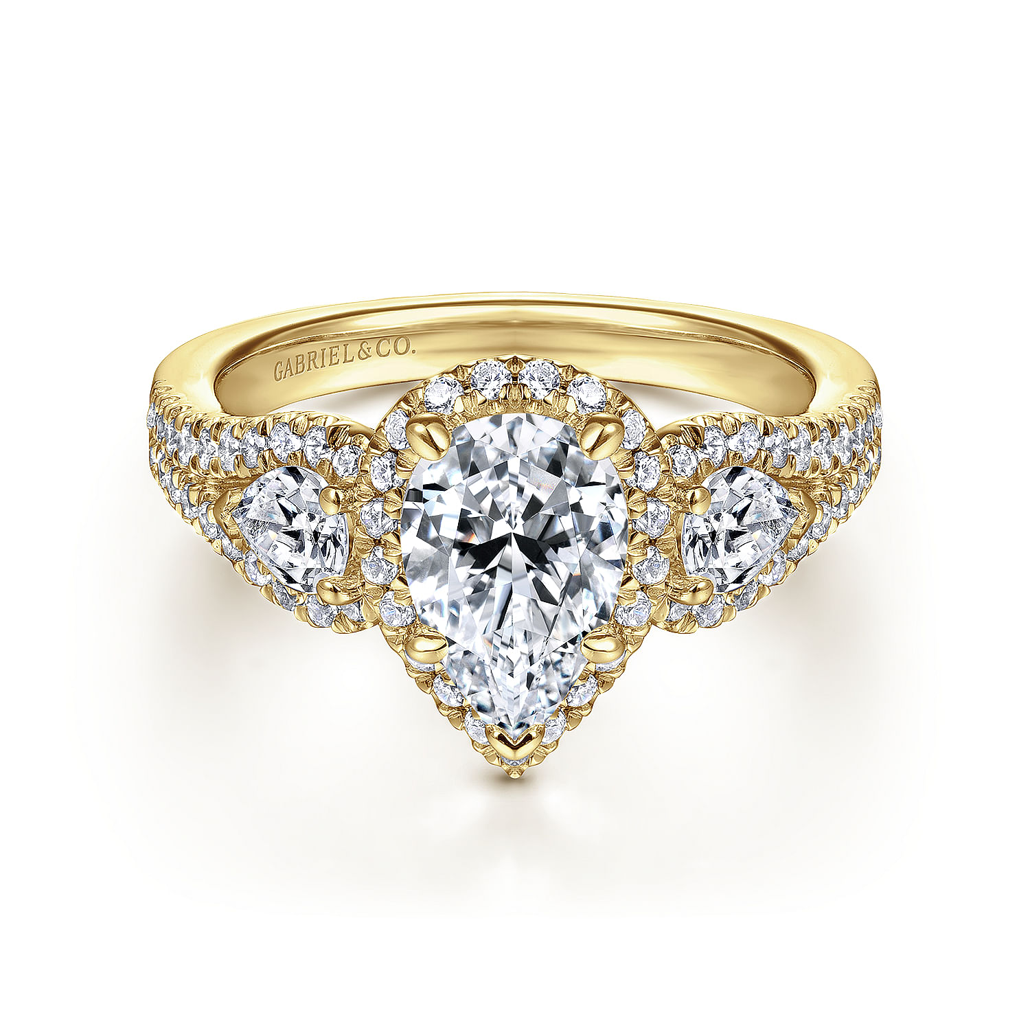 Hartley - 14K Yellow Gold Pear Shape Three Stone Halo Diamond Engagement Ring