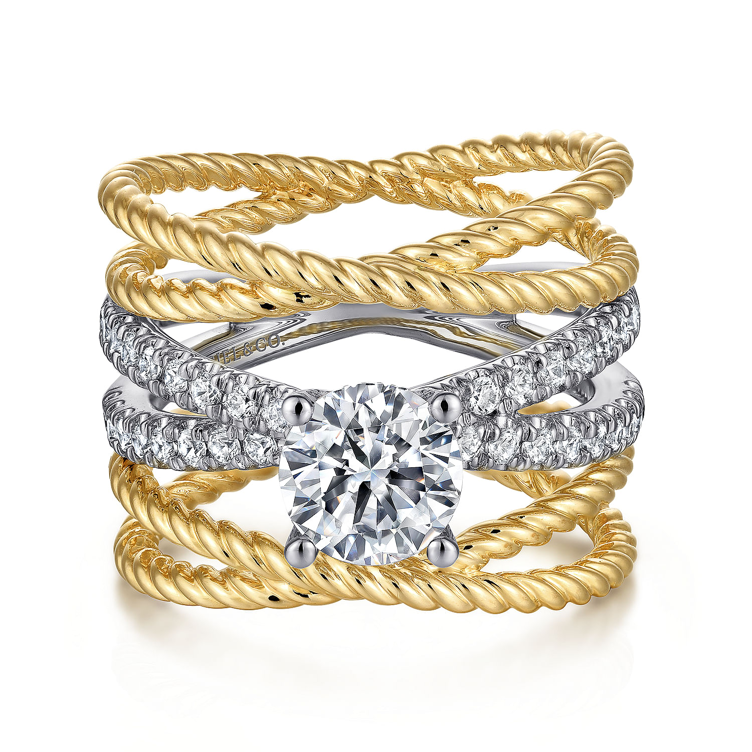 Iceland - 14K White-Yellow Gold Free Form Round Diamond Engagement Ring