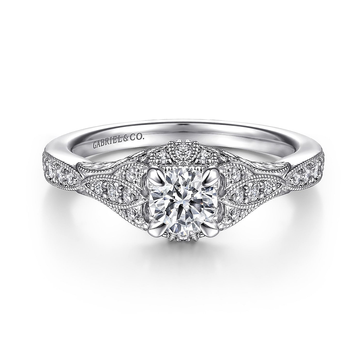 Iona - Vintage Inspired 14K White Gold Round Halo Complete Diamond Engagement Ring