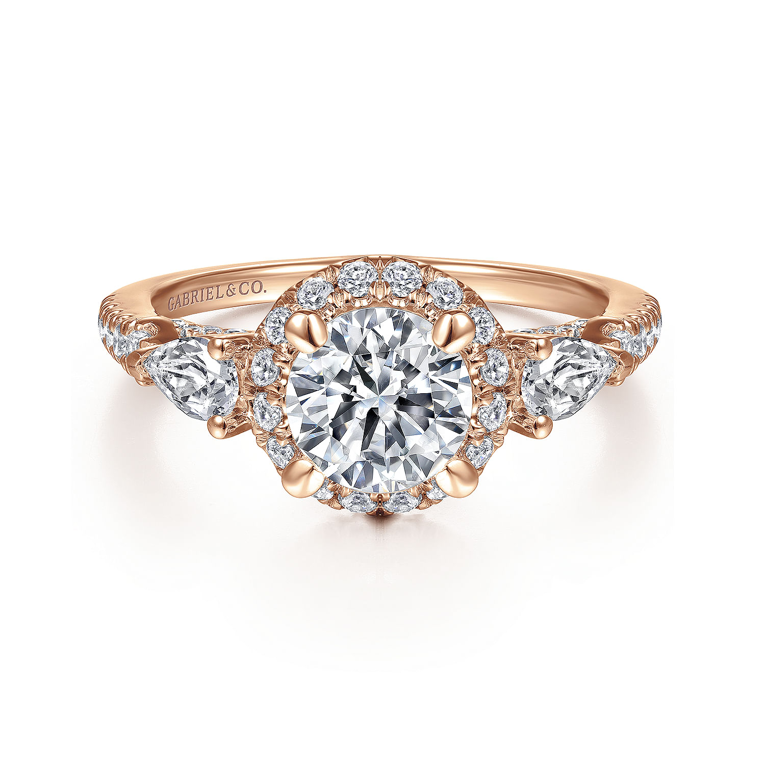 Jayla - 14K Rose Gold Round Three Stone Halo Diamond Engagement Ring