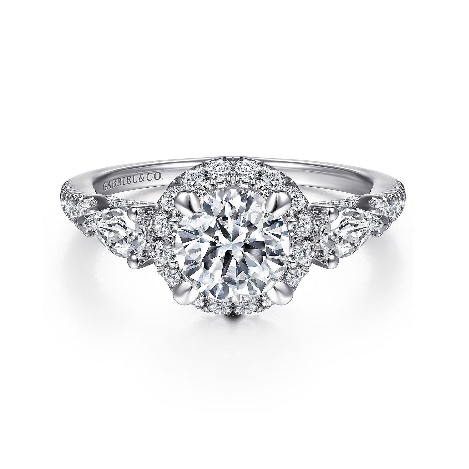 Jayla - 14K White Gold Round Three Stone Halo Diamond Engagement Ring