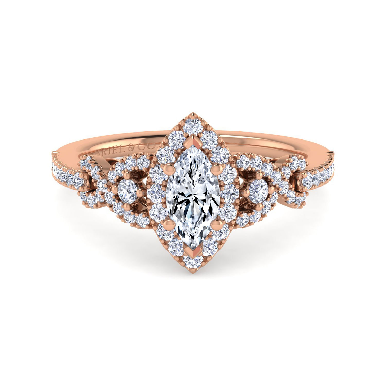 Kalinda - 14K Rose Gold Marquise Shape Three Stone Halo Diamond Engagement Ring