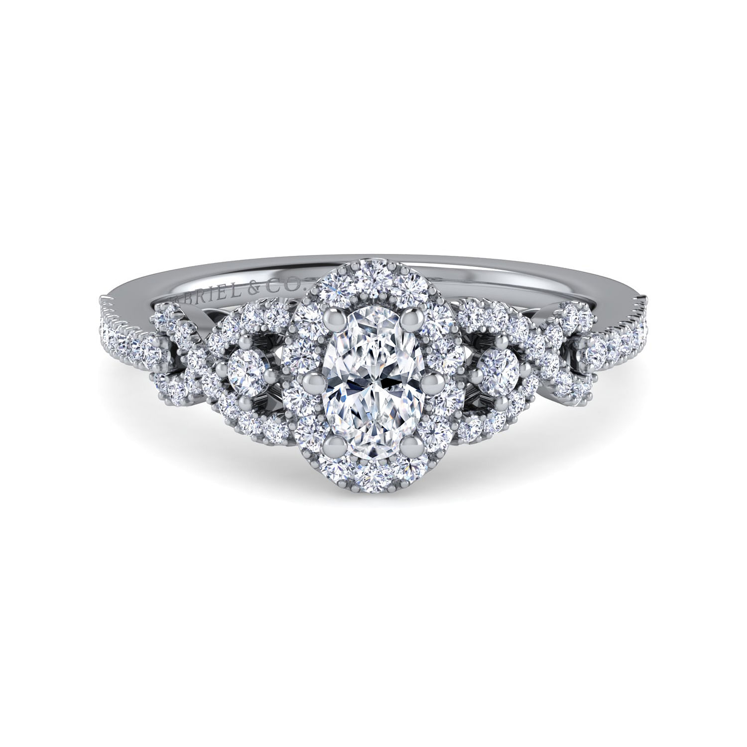 Kalinda - 14K White Gold Oval Three Stone Halo Diamond Engagement Ring