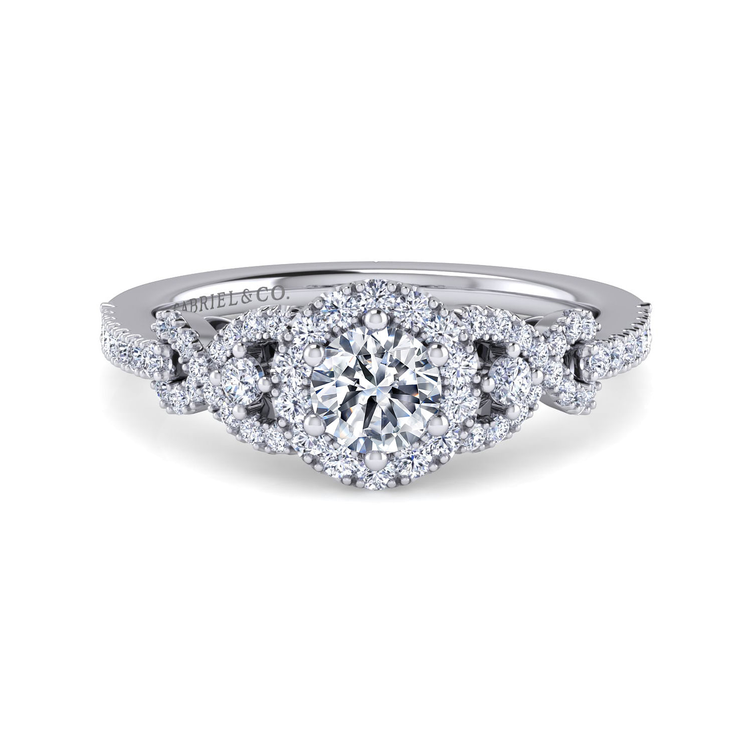 Kalinda - 14K White Gold Princess Three Stone Halo Diamond Engagement Ring