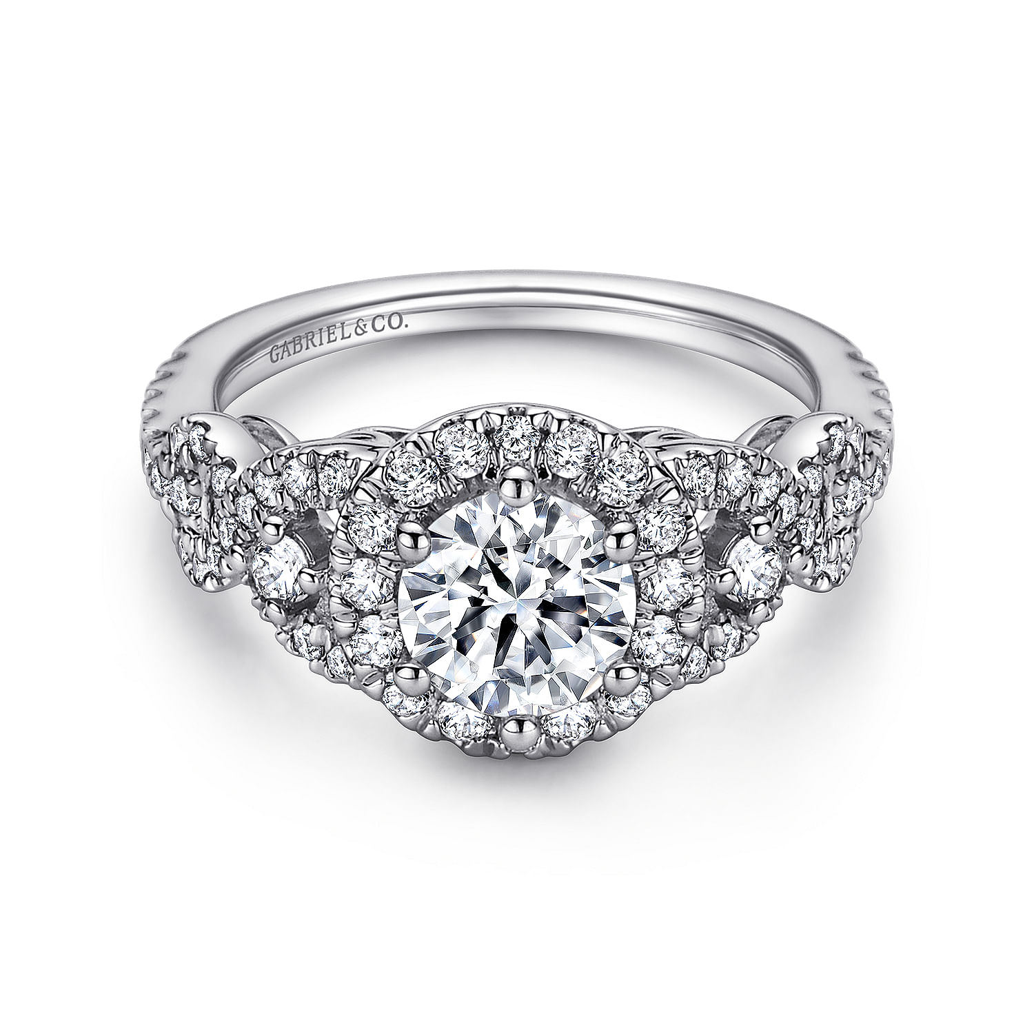 Kalinda - 14K White Gold Round Three Stone Halo Diamond Engagement Ring