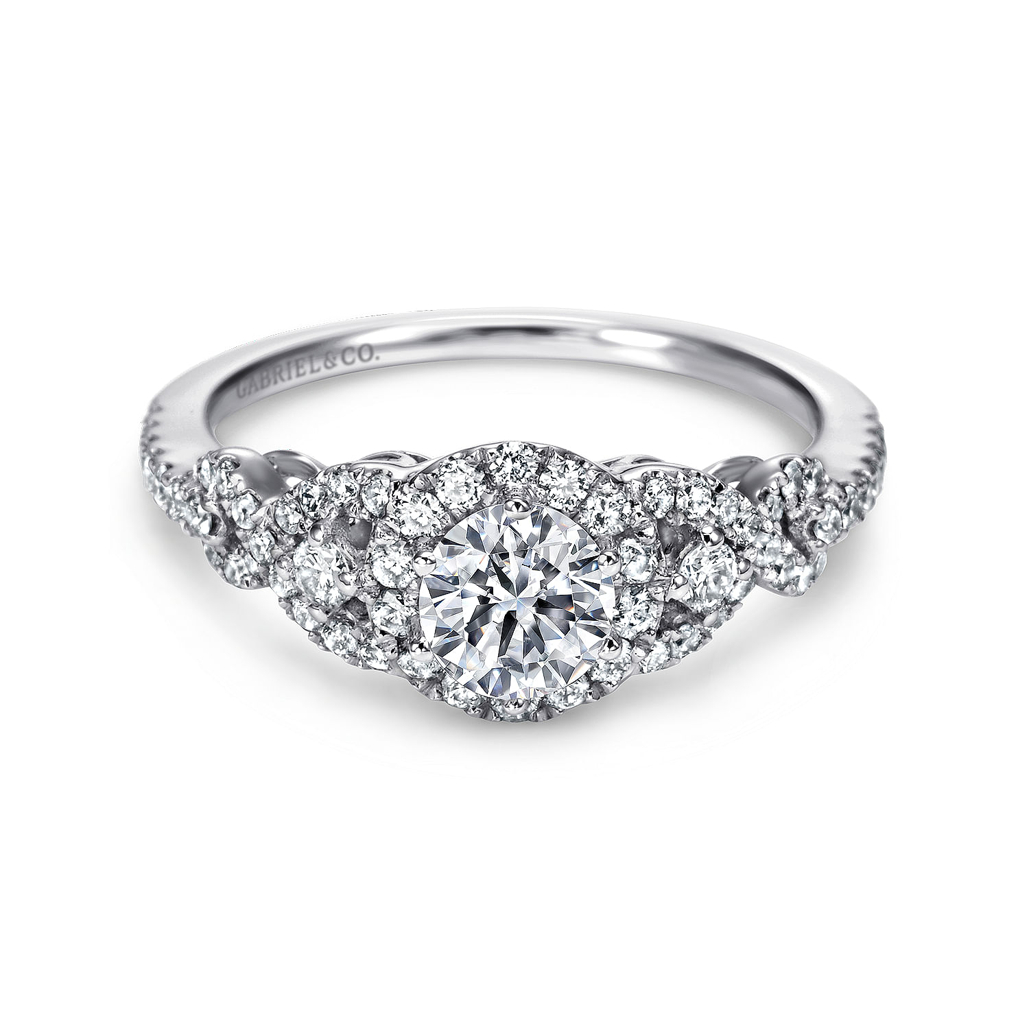 Kalinda - Platinum Round Three Stone Halo Diamond Engagement Ring
