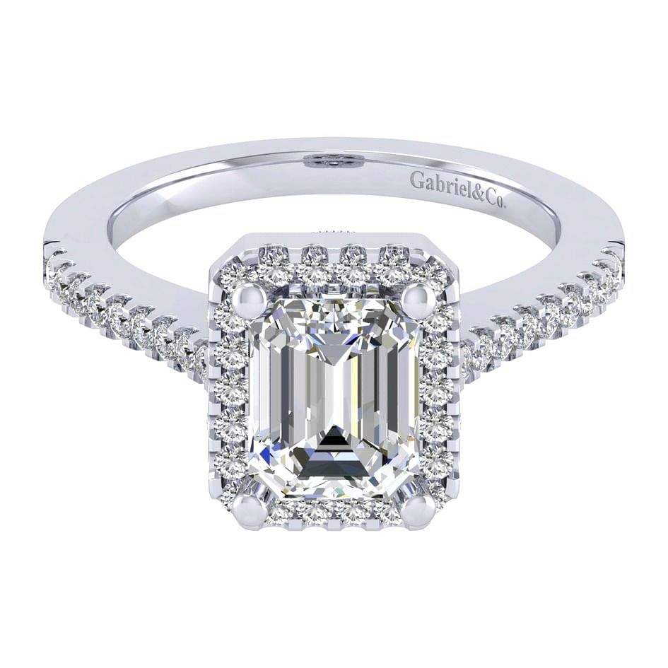 Kelsey - 14K White Gold Halo Emerald Cut Diamond Engagement Ring