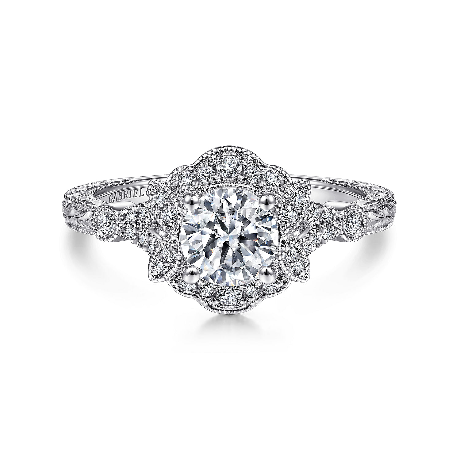 Keltie - Vintage Inspired 14K White Gold Round Halo Diamond Engagement Ring