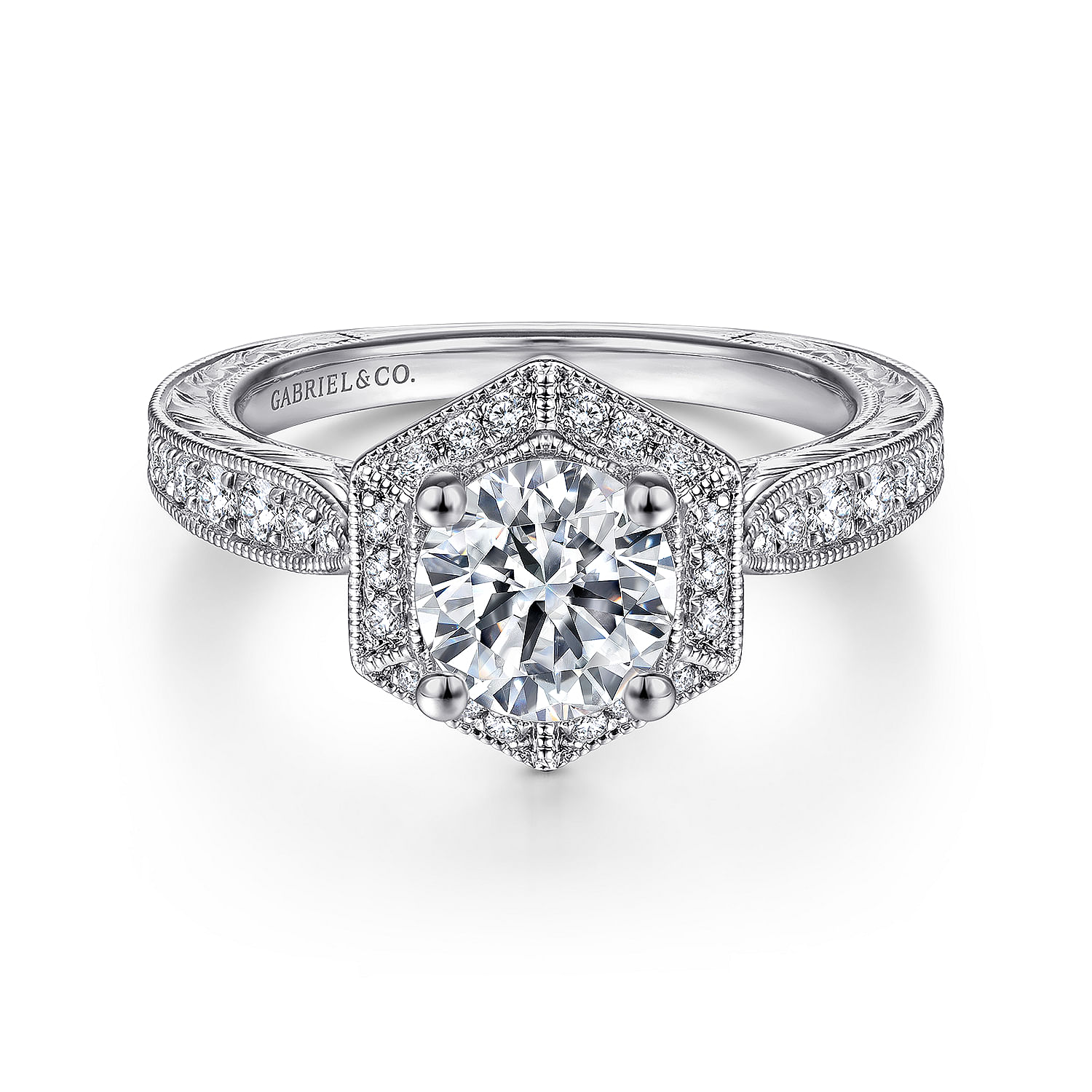 Kingston - Art Deco 14K White Gold Hexagonal Halo Round Diamond Engagement Ring