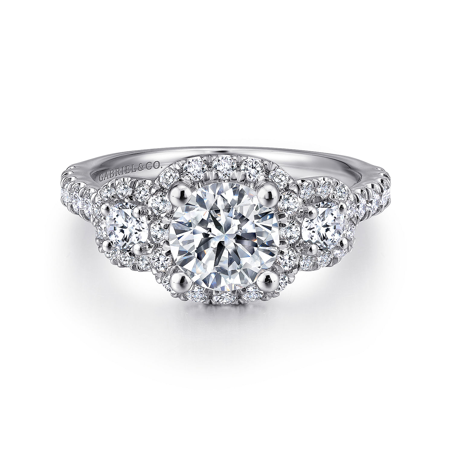 Lavender - Platinum Round Three Stone Halo Diamond Engagement Ring