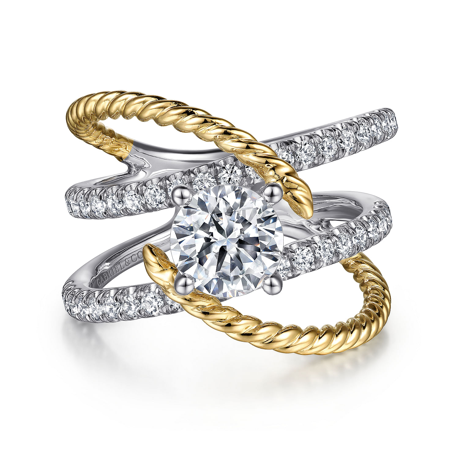 Lavish - 14K White-Yellow Gold Free Form Round Diamond Engagement Ring