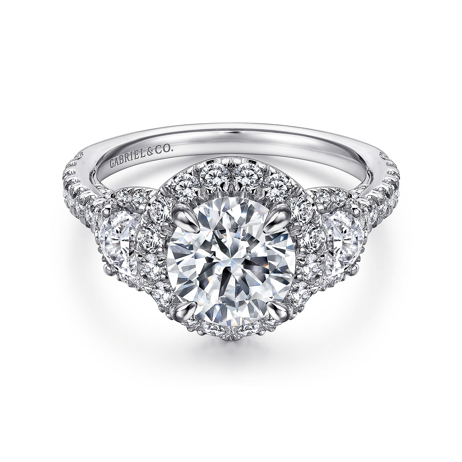 Leda - 14K White Gold Round Three Stone Halo Diamond Engagement Ring