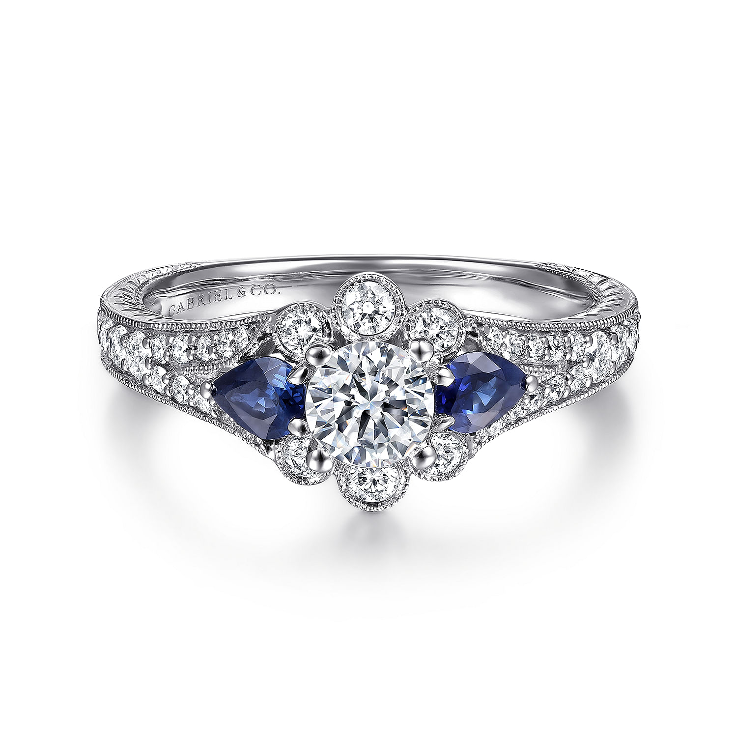 Linden - Vintage Inspired 14K White Gold Round Halo Sapphire and Diamond Engagement Ring