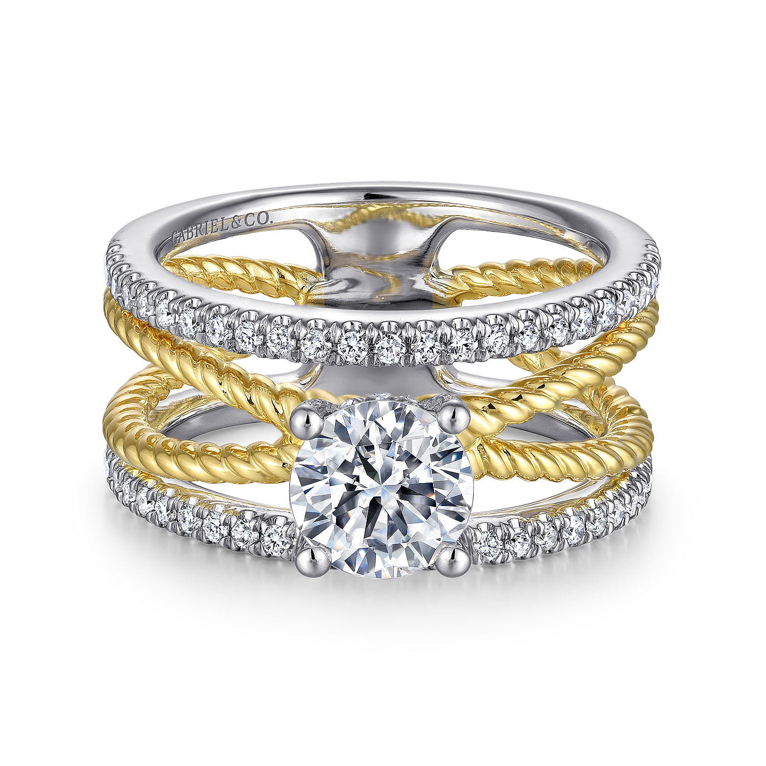 Lucinda - 14K White-Yellow Gold Free Form Round Diamond Engagement Ring