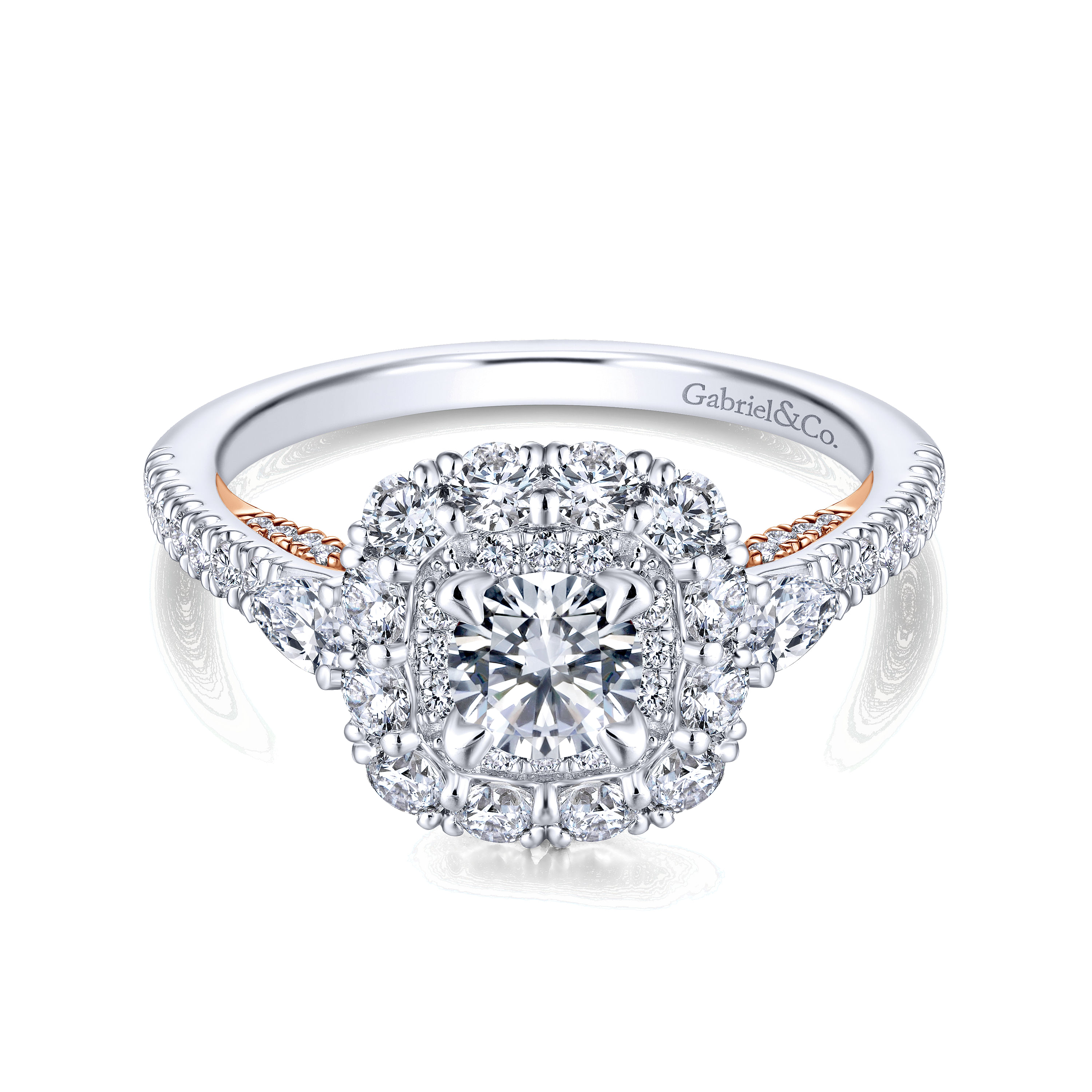 Lumi - Complete 14K White-Rose Gold Round Three Stone Double Halo Diamond Engagement Ring