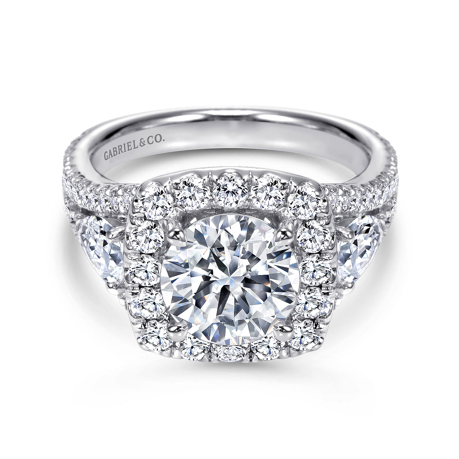Maia - 14K White Gold Round 3 Stone Halo Diamond Engagement Ring