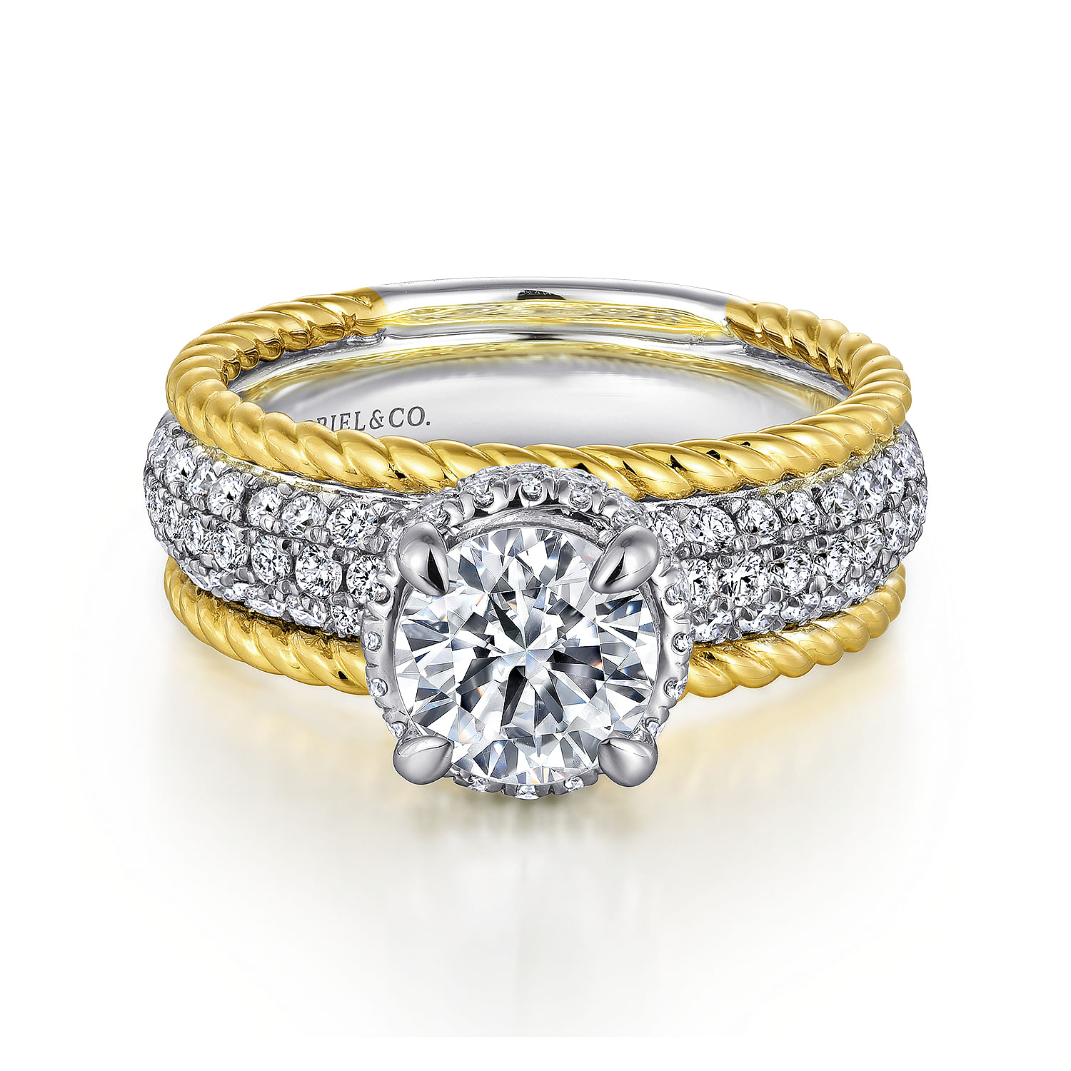 Marina - 14K White-Yellow Gold Round Wide Band Diamond Engagement Ring