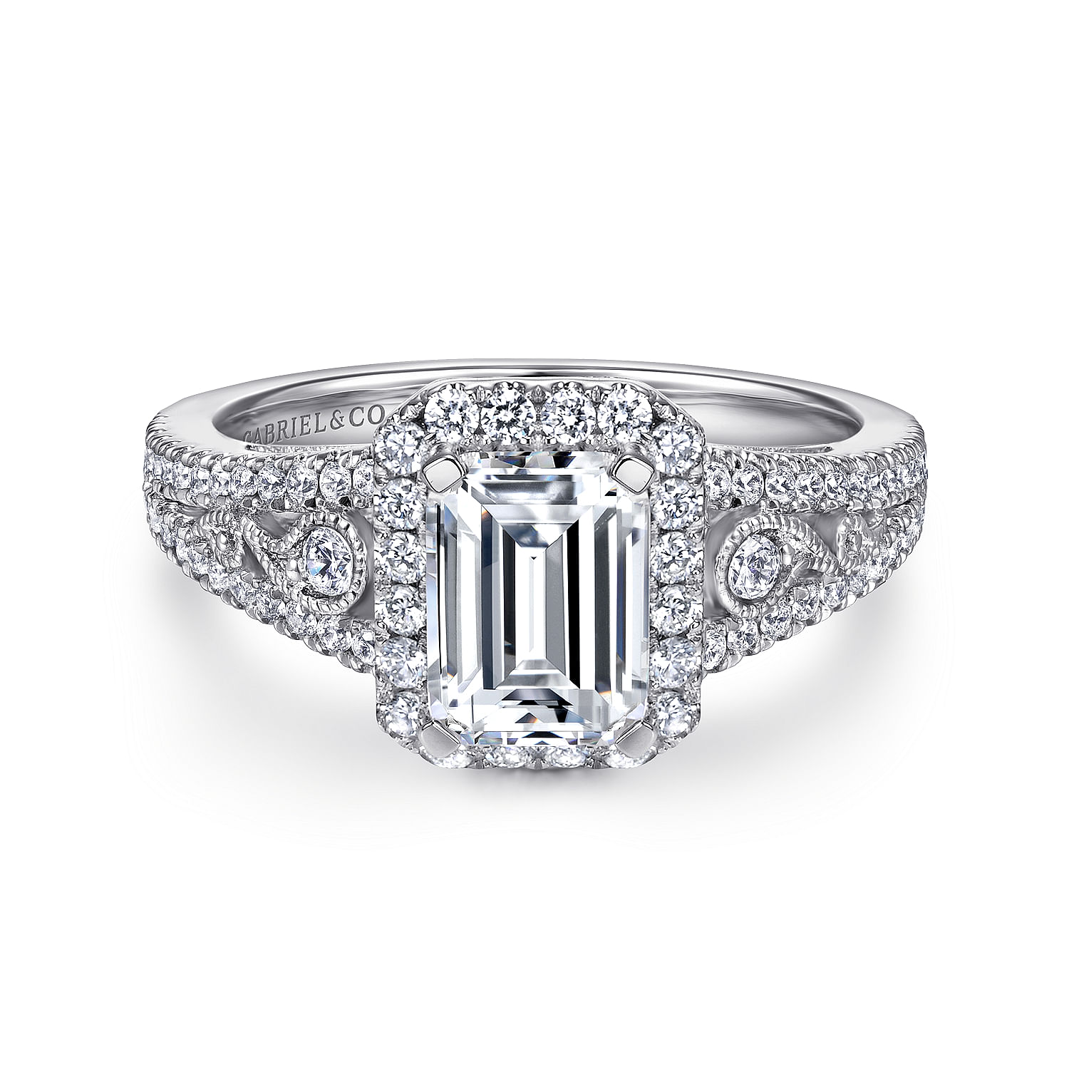 Marlena - Vintage Inspired 14K White Gold Emerald Halo Diamond Engagement Ring