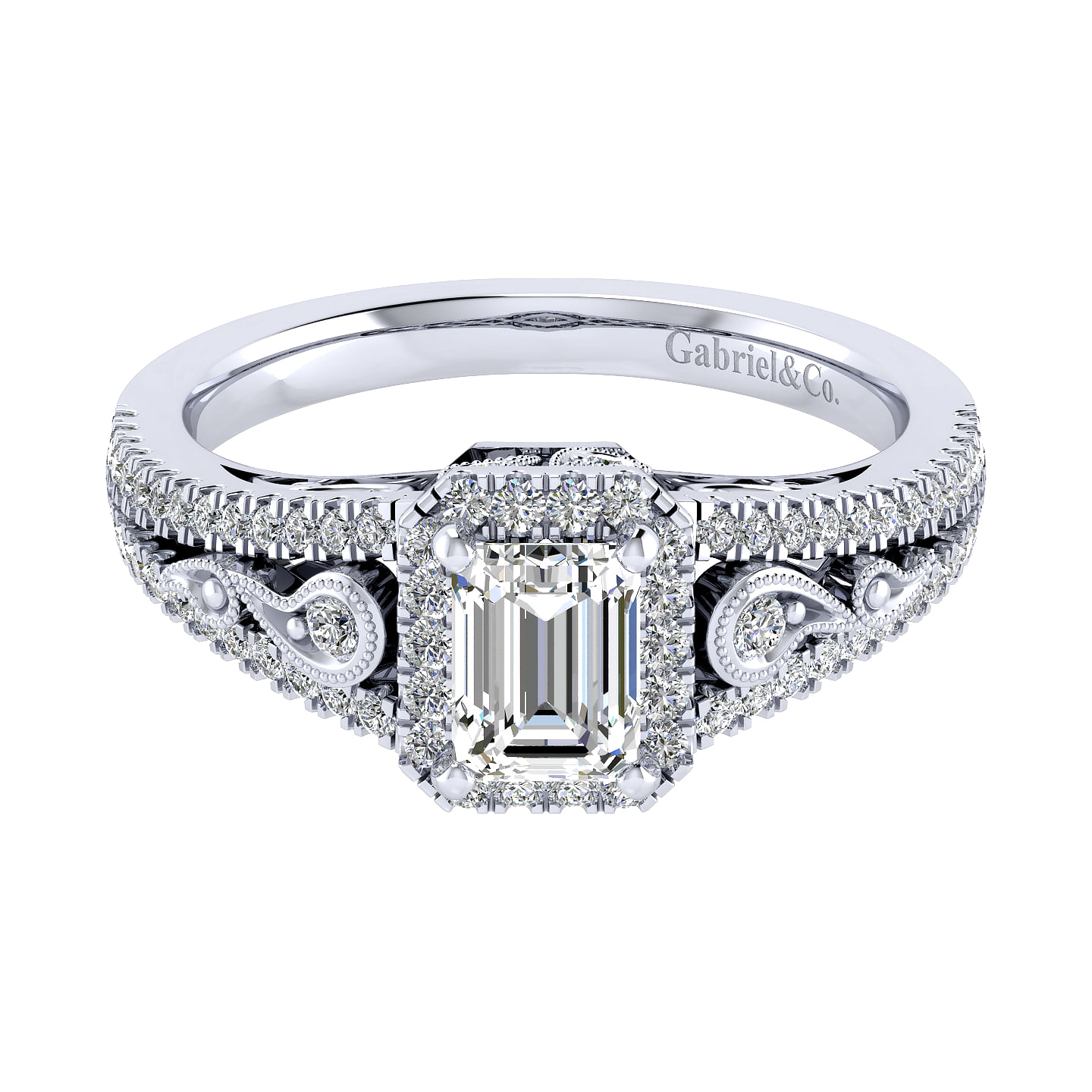 Marlena - Vintage Inspired 14K White Gold Halo Emerald Cut Diamond Engagement Ring