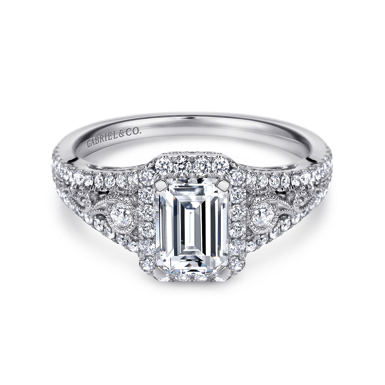 Marlena - Vintage Inspired Platinum Emerald Halo Diamond Engagement Ring