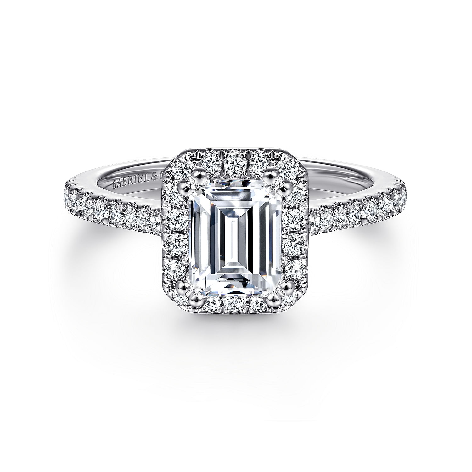 Michaela - 14K White Gold Halo Emerald Cut Diamond Engagement Ring