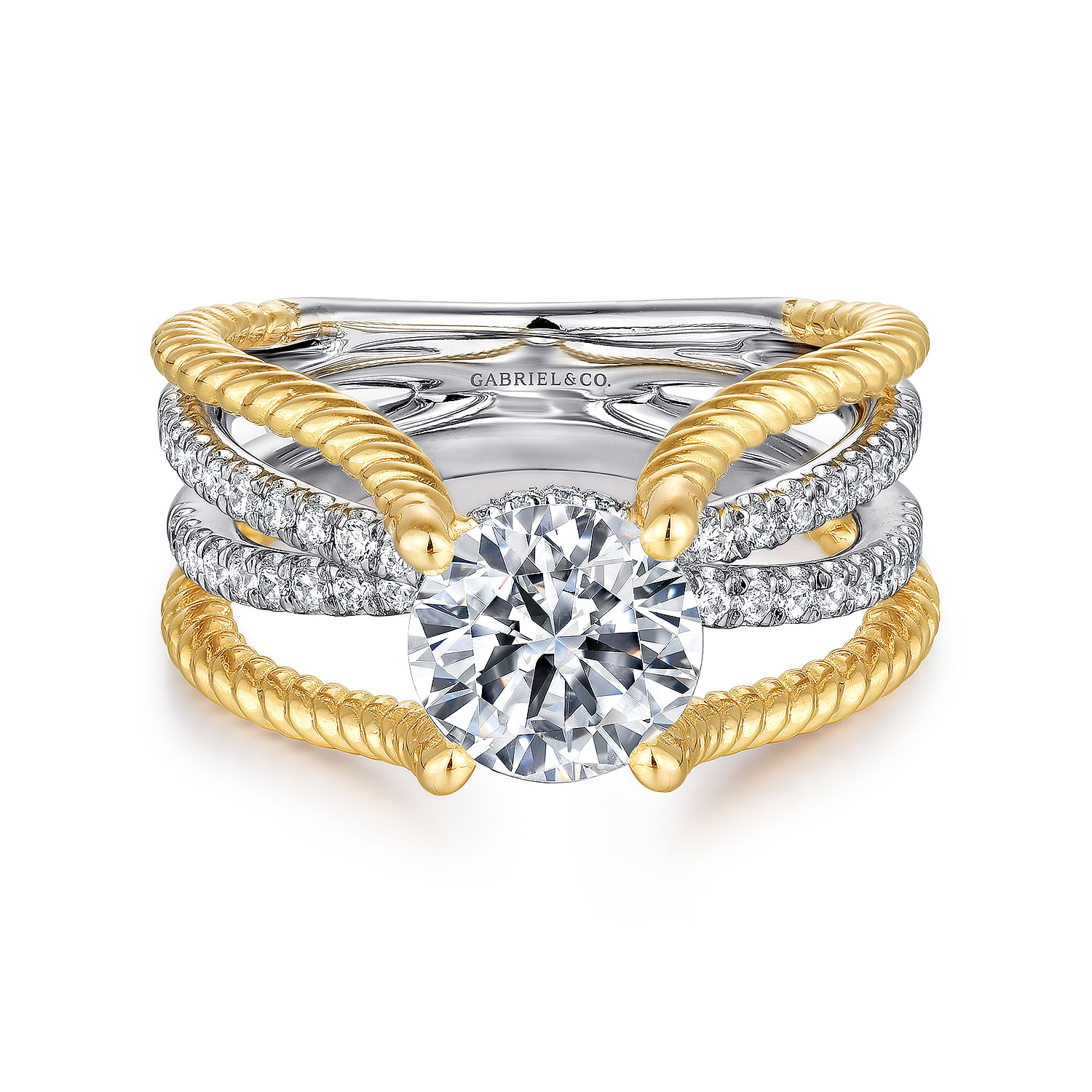 Mira - 14K White-Yellow Gold Free Form Round Diamond Engagement Ring
