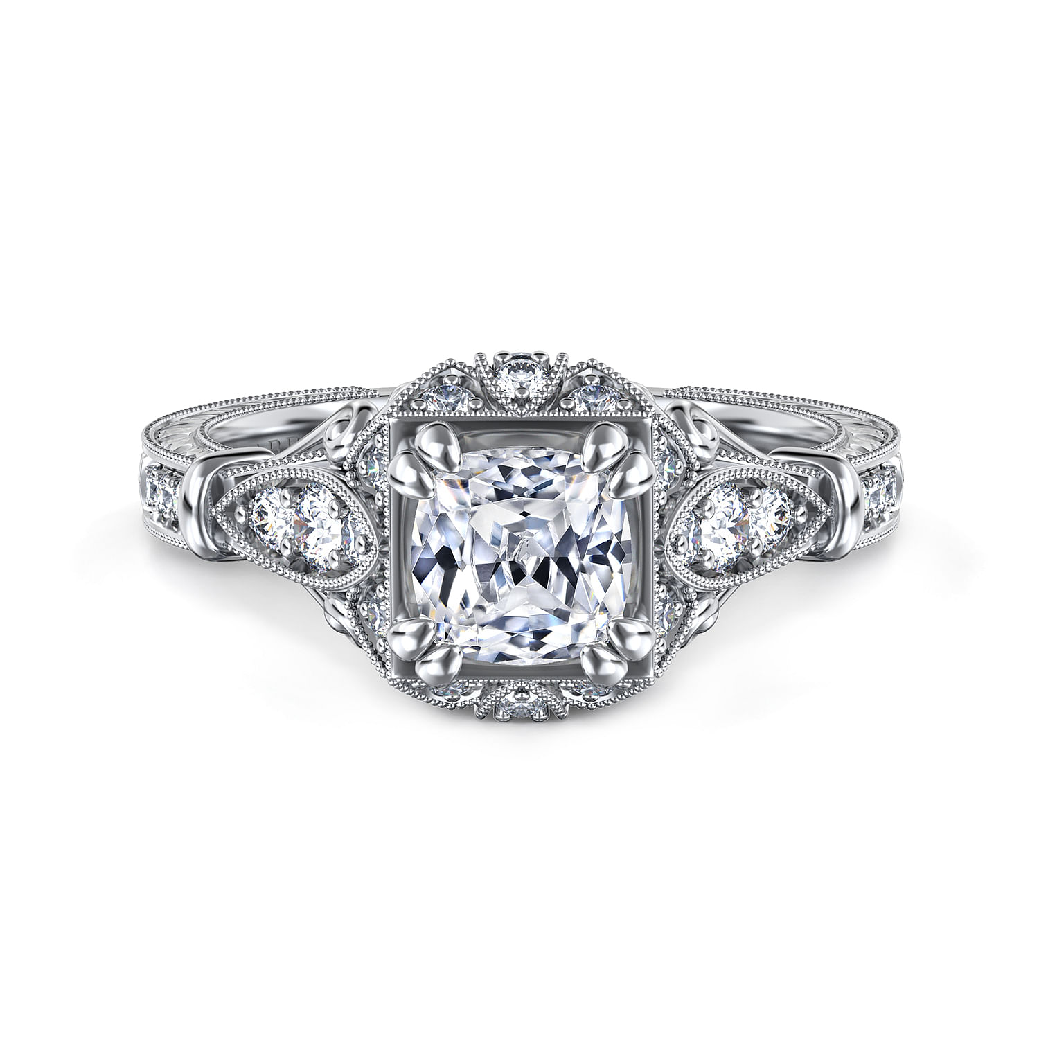 Montgomery - Unique 14K White Gold Vintage Inspired Cushion Cut Halo Diamond Engagement Ring