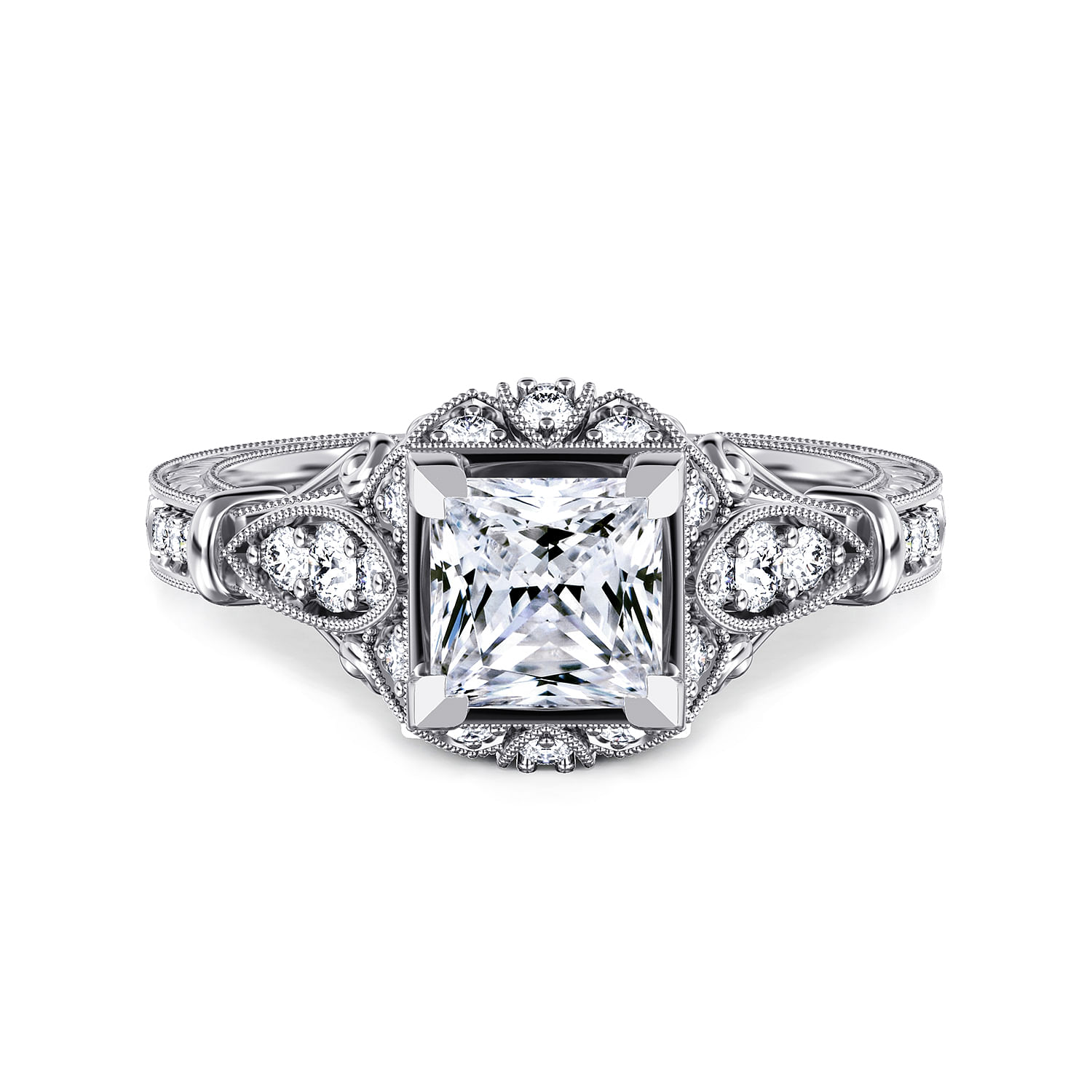 Montgomery - Unique 14K White Gold Vintage Inspired Princess Cut Halo Diamond Engagement Ring