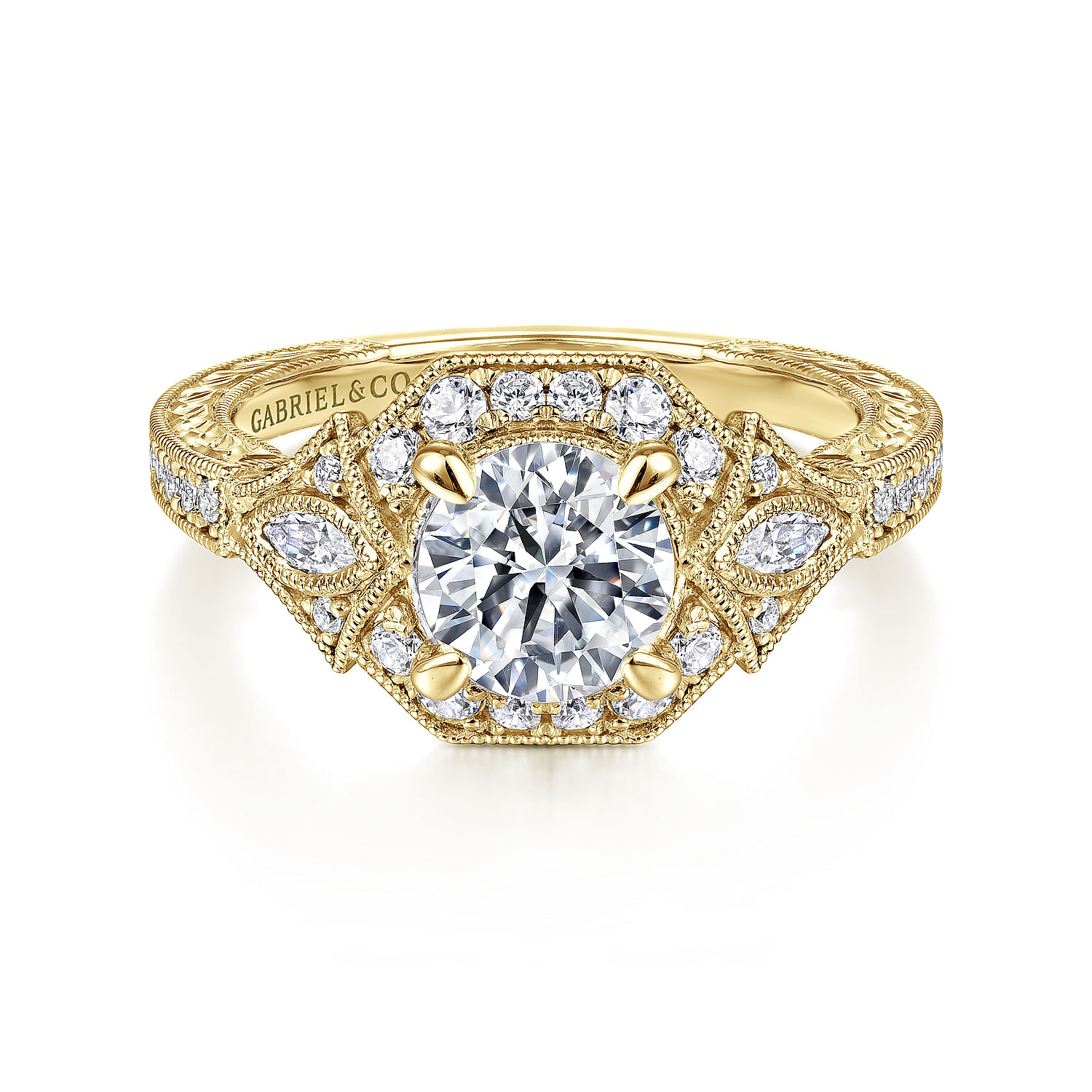 Myrna - Art Deco 14K Yellow Gold Round Halo Diamond Engagement Ring
