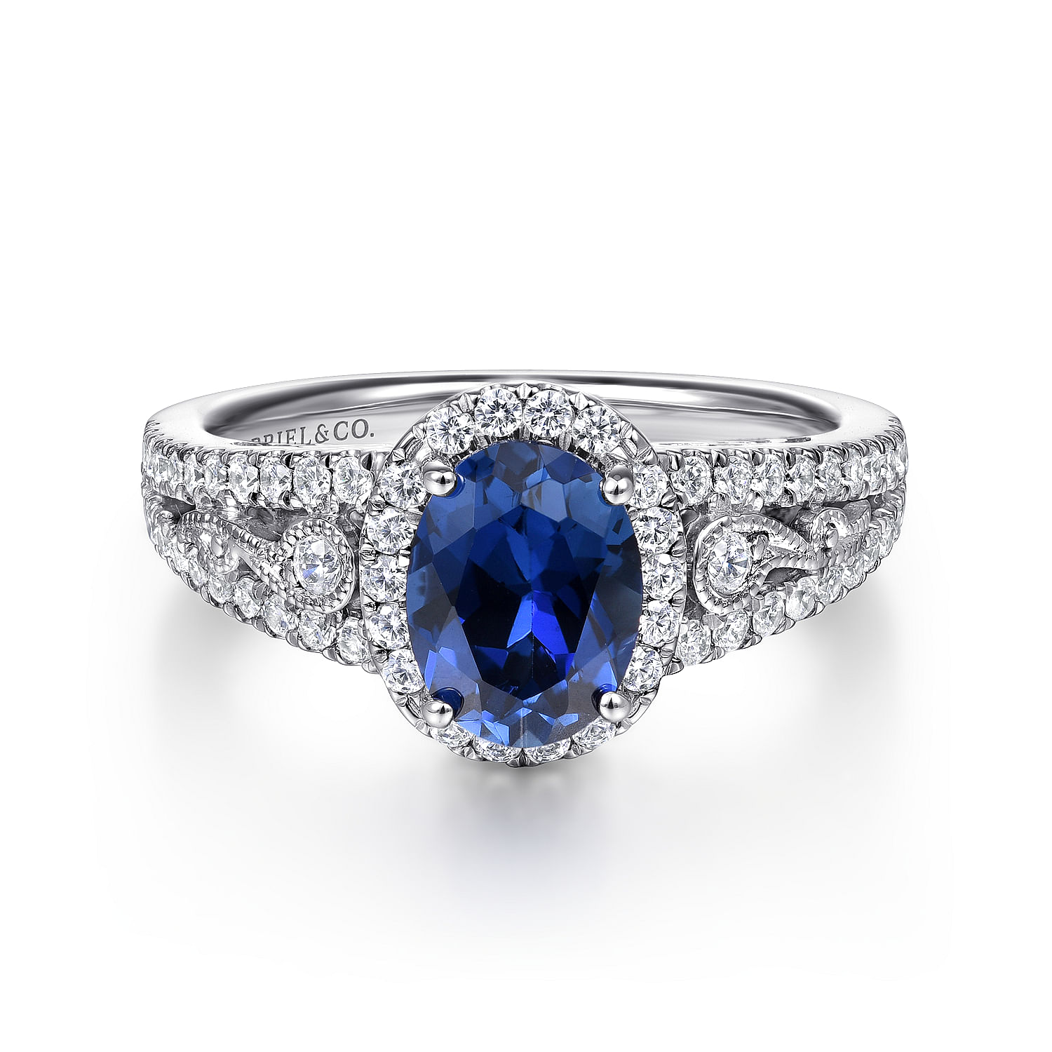 Nayana - 14K White Gold Oval Halo Sapphire and Diamond Engagement Ring