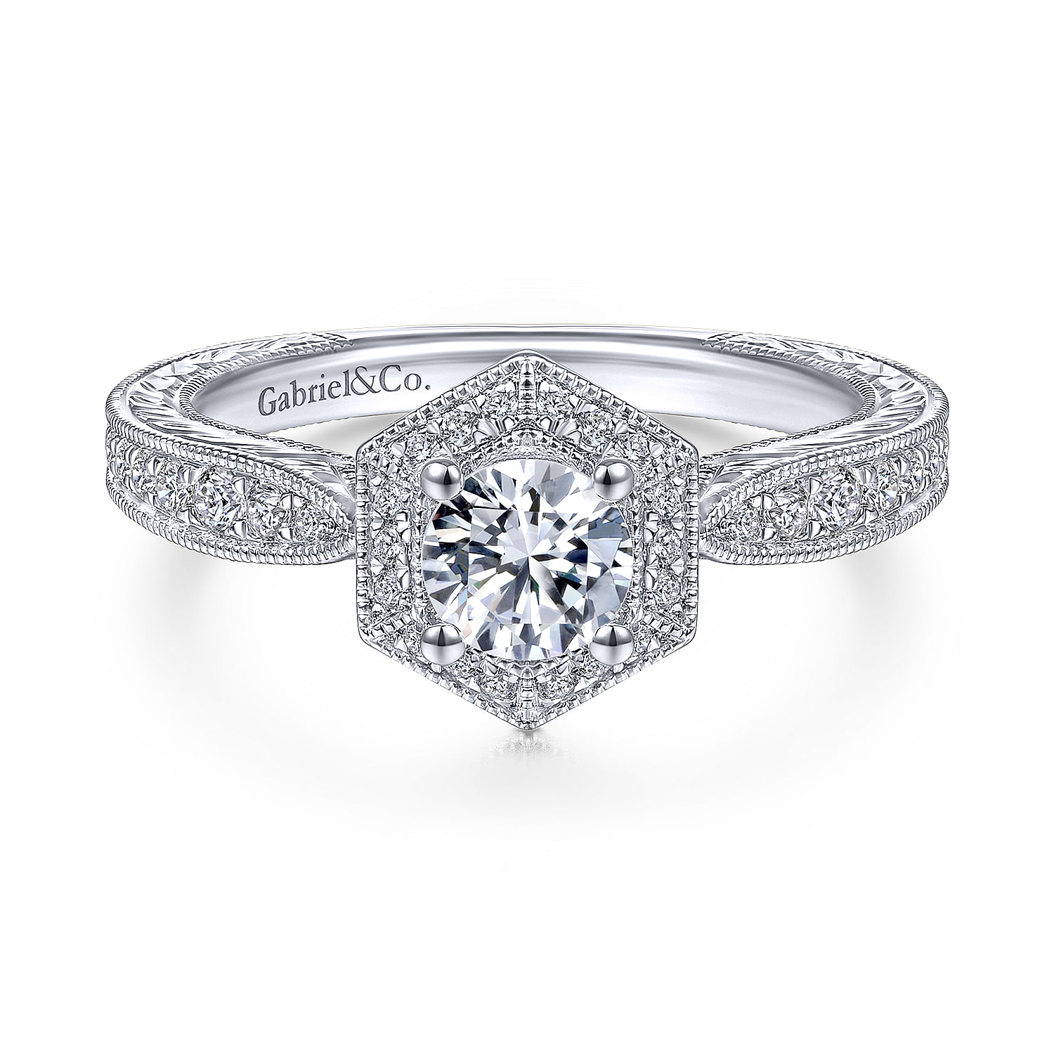 Newport - Art Deco 14K White Gold Octagonal Halo Round Diamond Engagement Ring