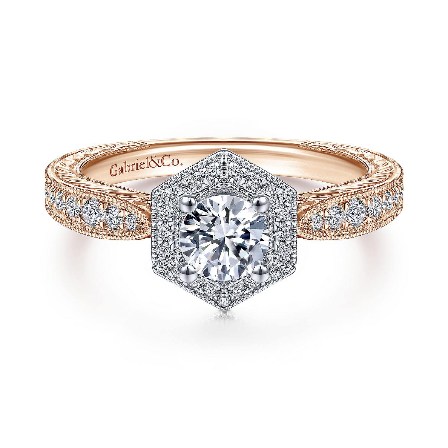 Newport - Art Deco 14K White-Rose Gold Hexagonal Halo Round Diamond Engagement Ring