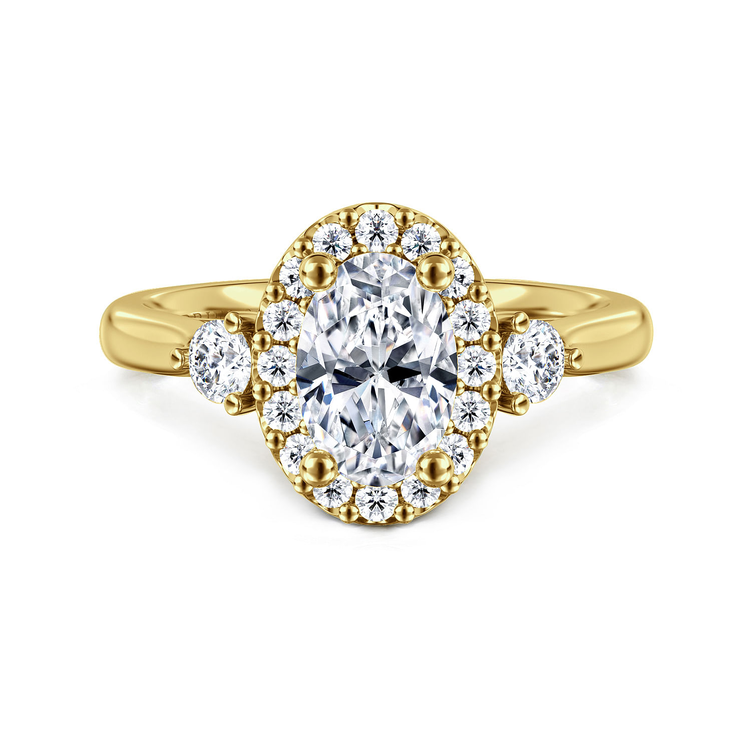 Noelle - 14K Yellow Gold Oval Three Stone Halo Diamond Engagement Ring