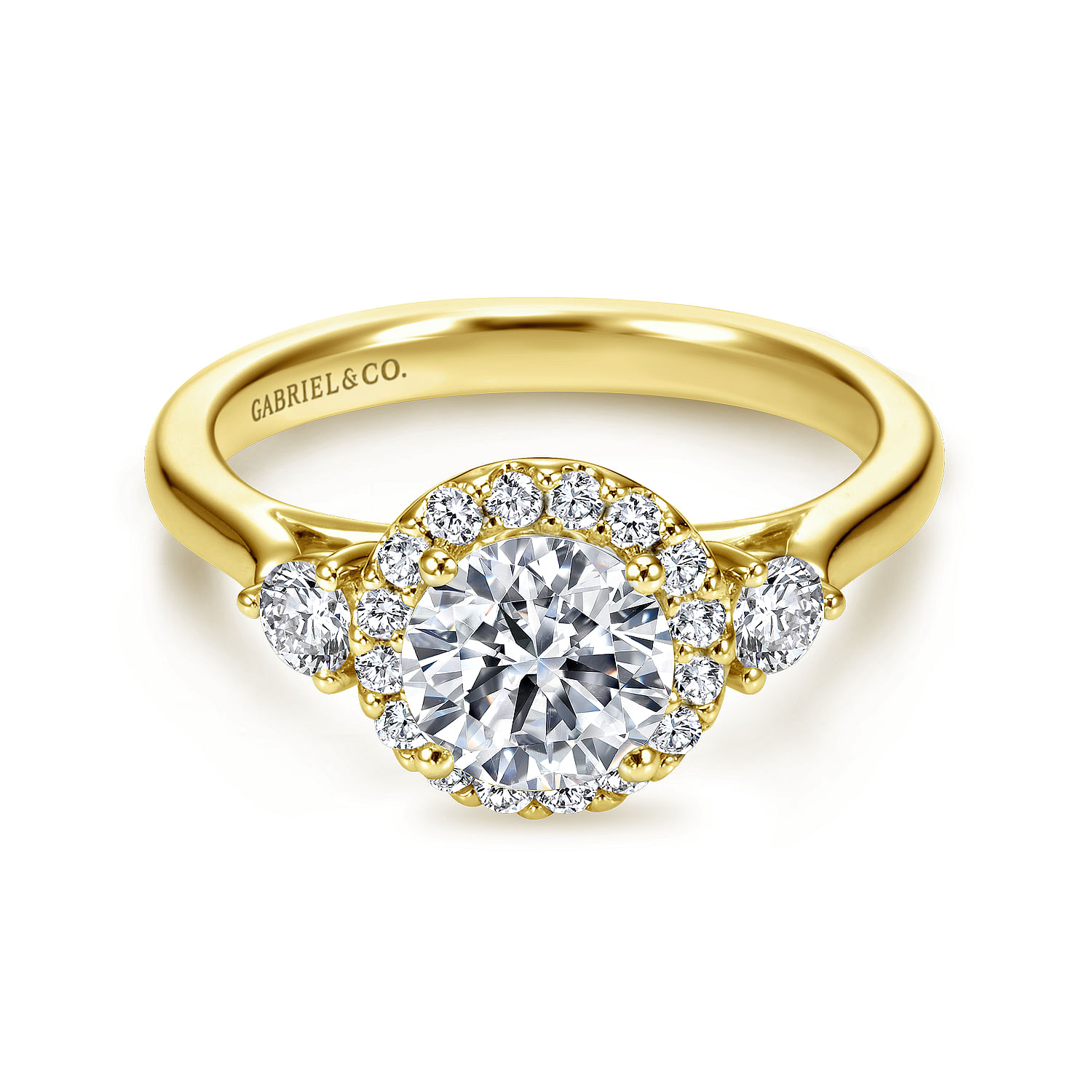 Noelle - 14K Yellow Gold Round Three Stone Halo Diamond Engagement Ring
