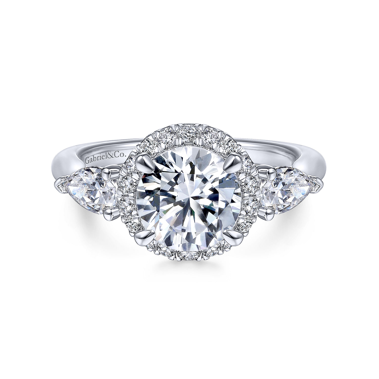 Ondine - 14k White Gold Round Halo Three Stone Diamond Engagement Ring