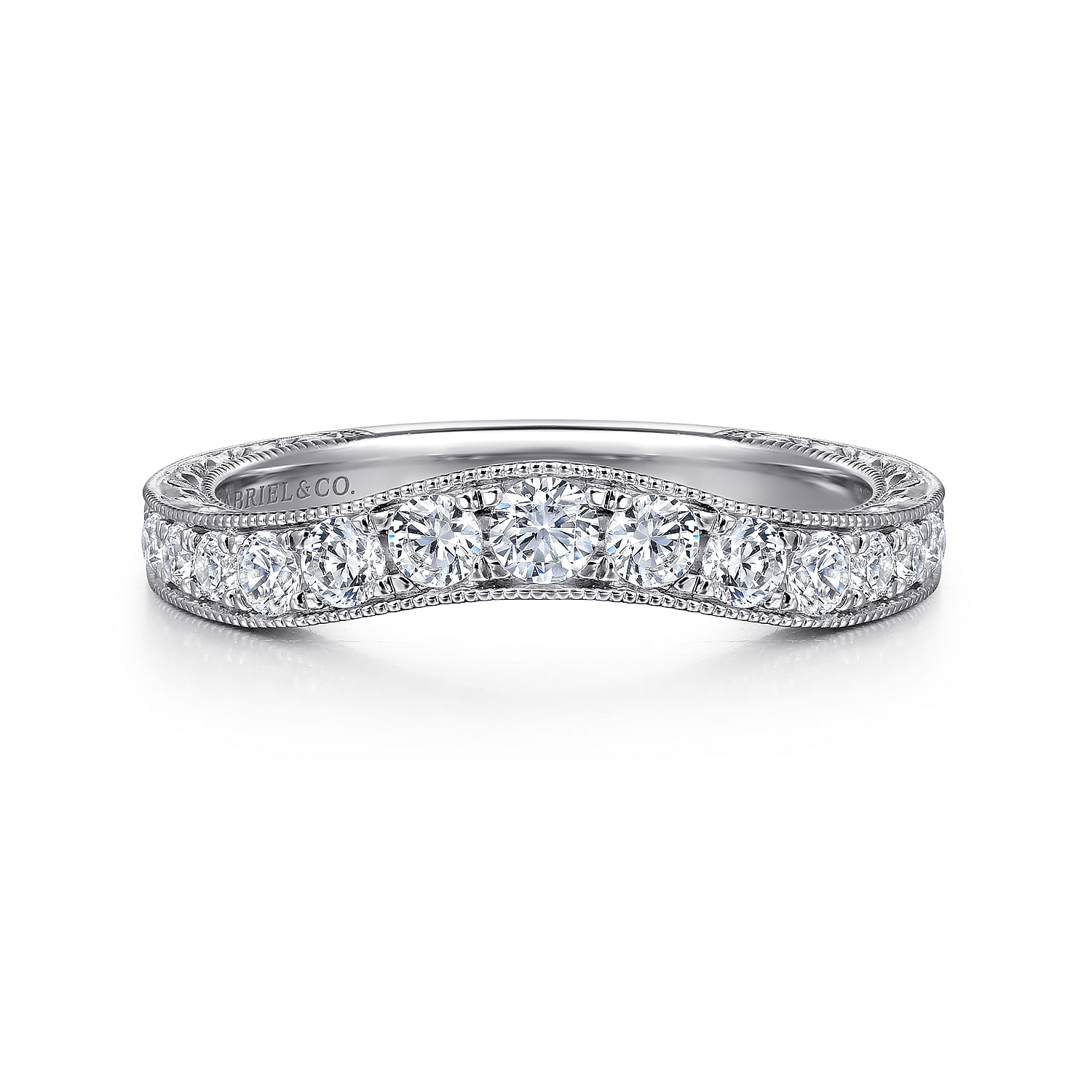 Provence - Vintage Inspired 14K White Gold Curved Channel Set Diamond Wedding Band with Engraving