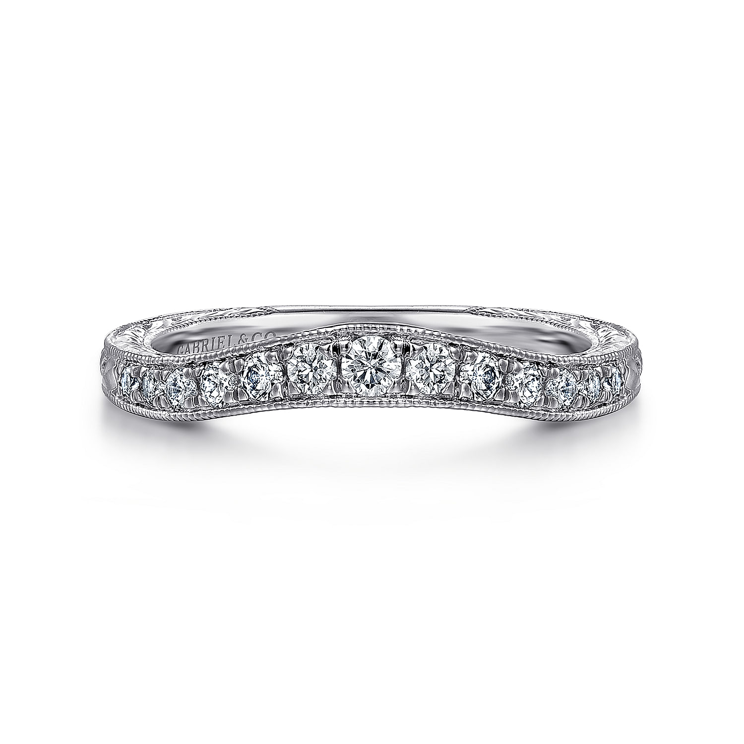 Provence - Vintage Inspired  Curved 14K White Gold Micro Pave Diamond Wedding Band with Engraving