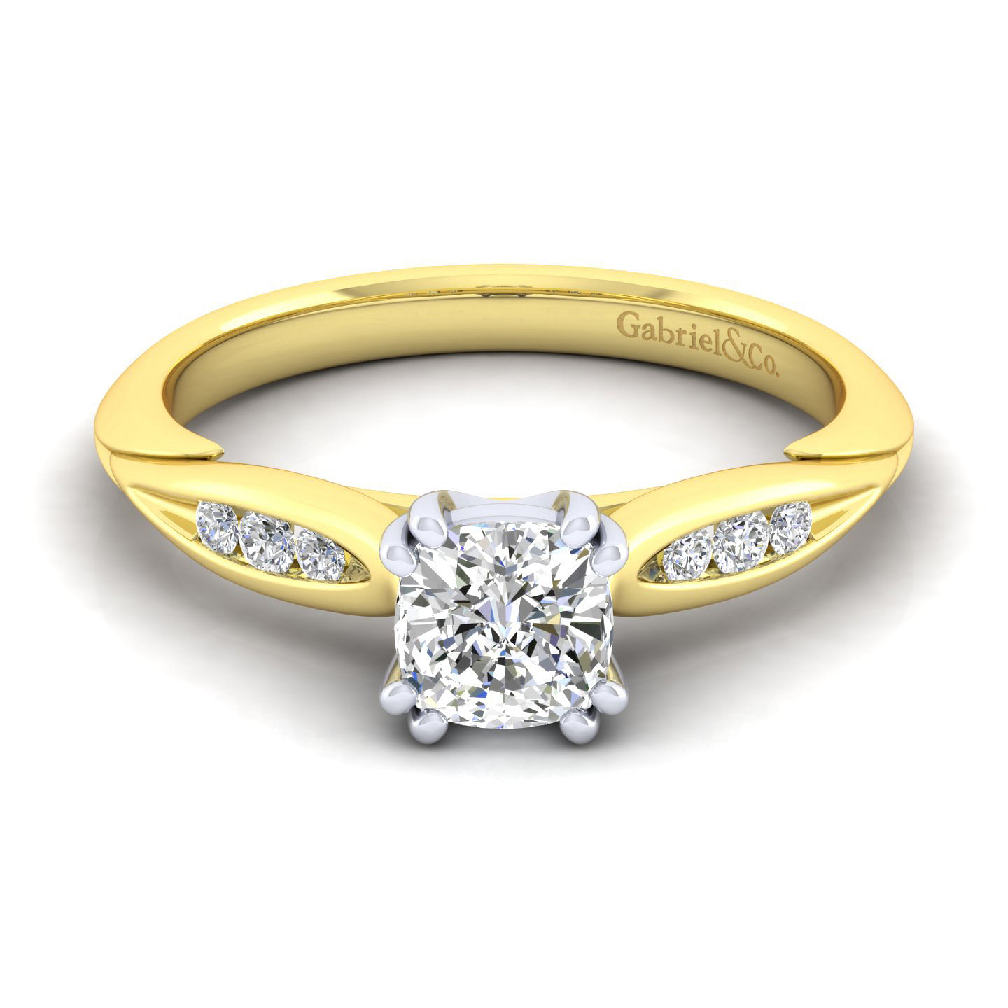 Quinn - 14K White-Yellow Gold Cushion Cut Diamond Channel Set Engagement Ring