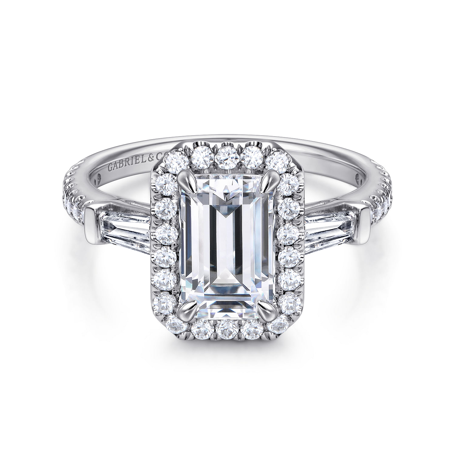 Raveena - 14K White Gold Three Stone Halo Emerald Cut Diamond Engagement Ring