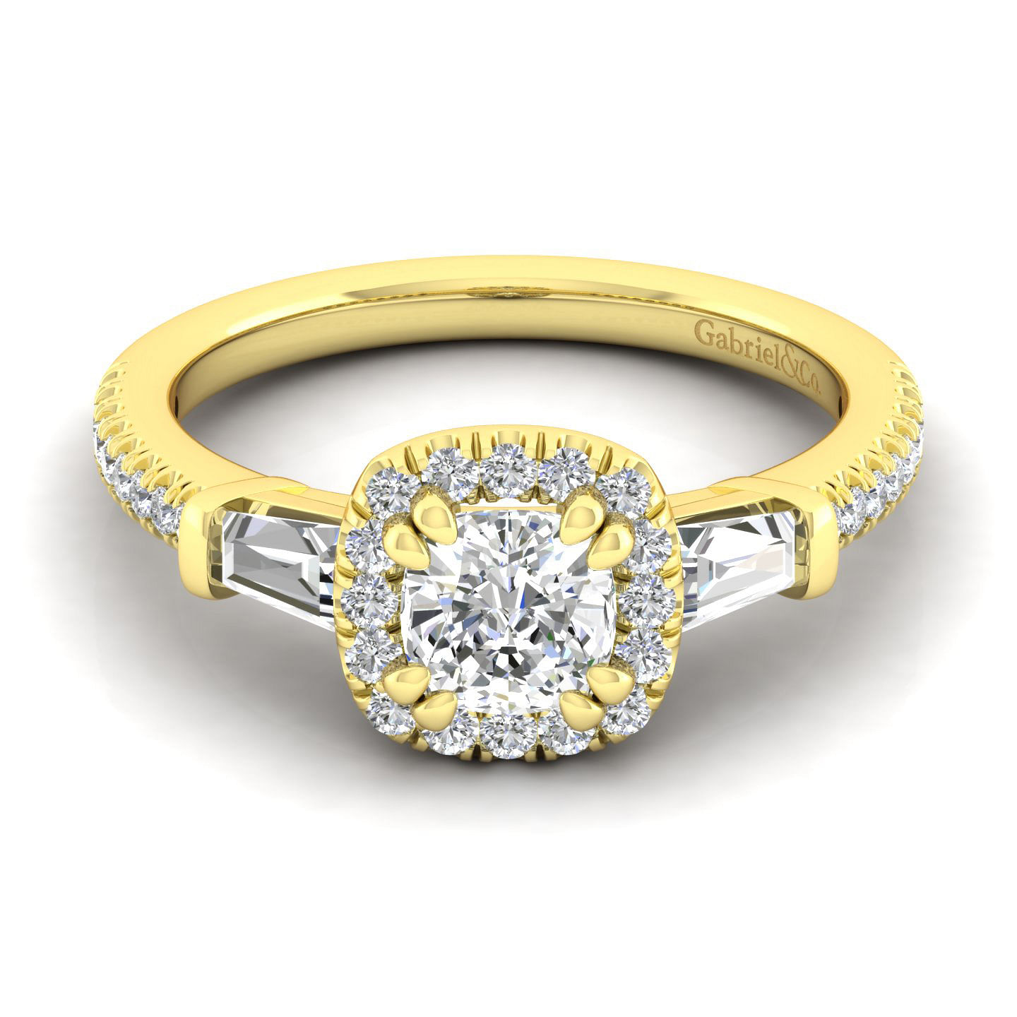 Raveena - 14K Yellow Gold Cushion Three Stone Halo Diamond Engagement Ring
