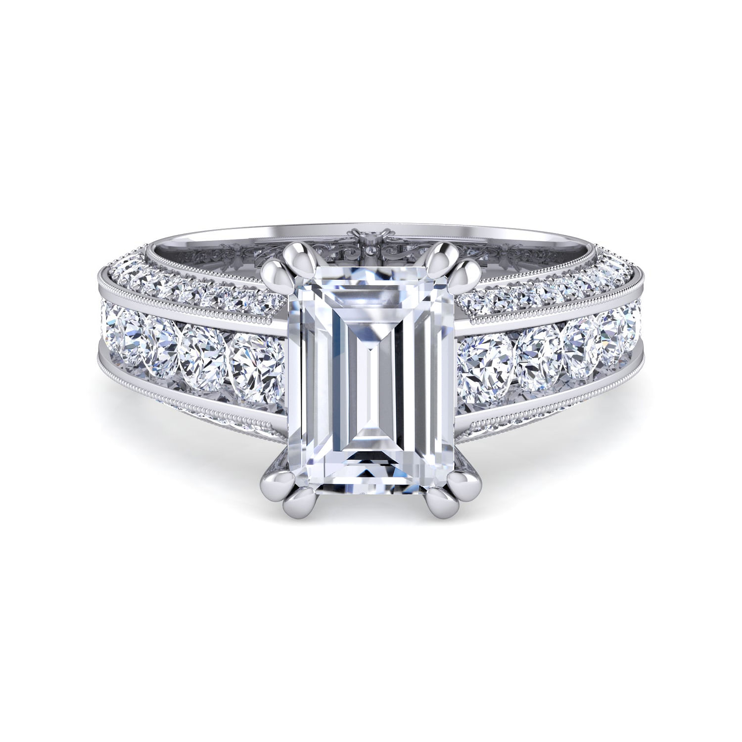 Rebecca - Vintage Inspired 14K White Gold Emerald Cut Wide Band Diamond Engagement Ring