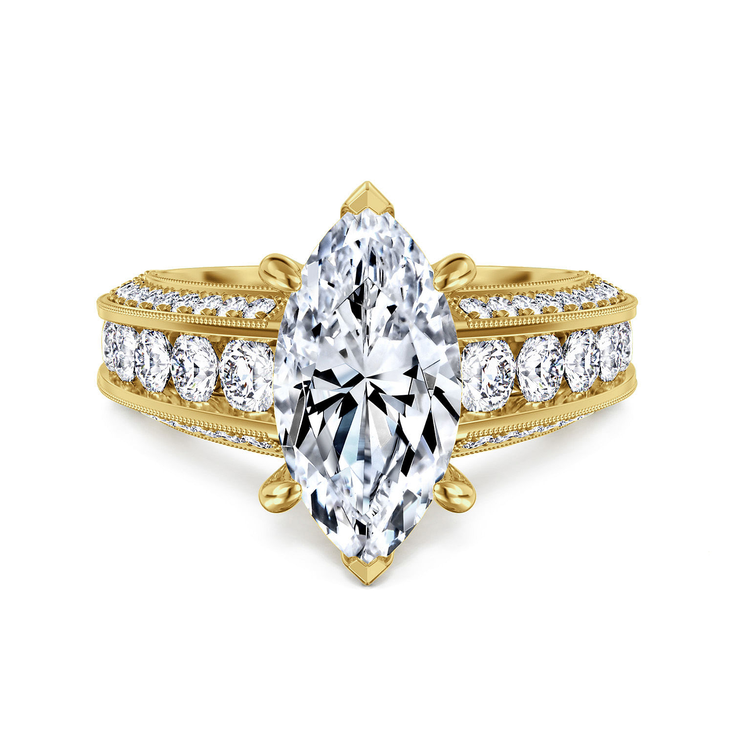Rebecca - Vintage Inspired 14K Yellow Gold Wide Band Marquise Shape Diamond Engagement Ring