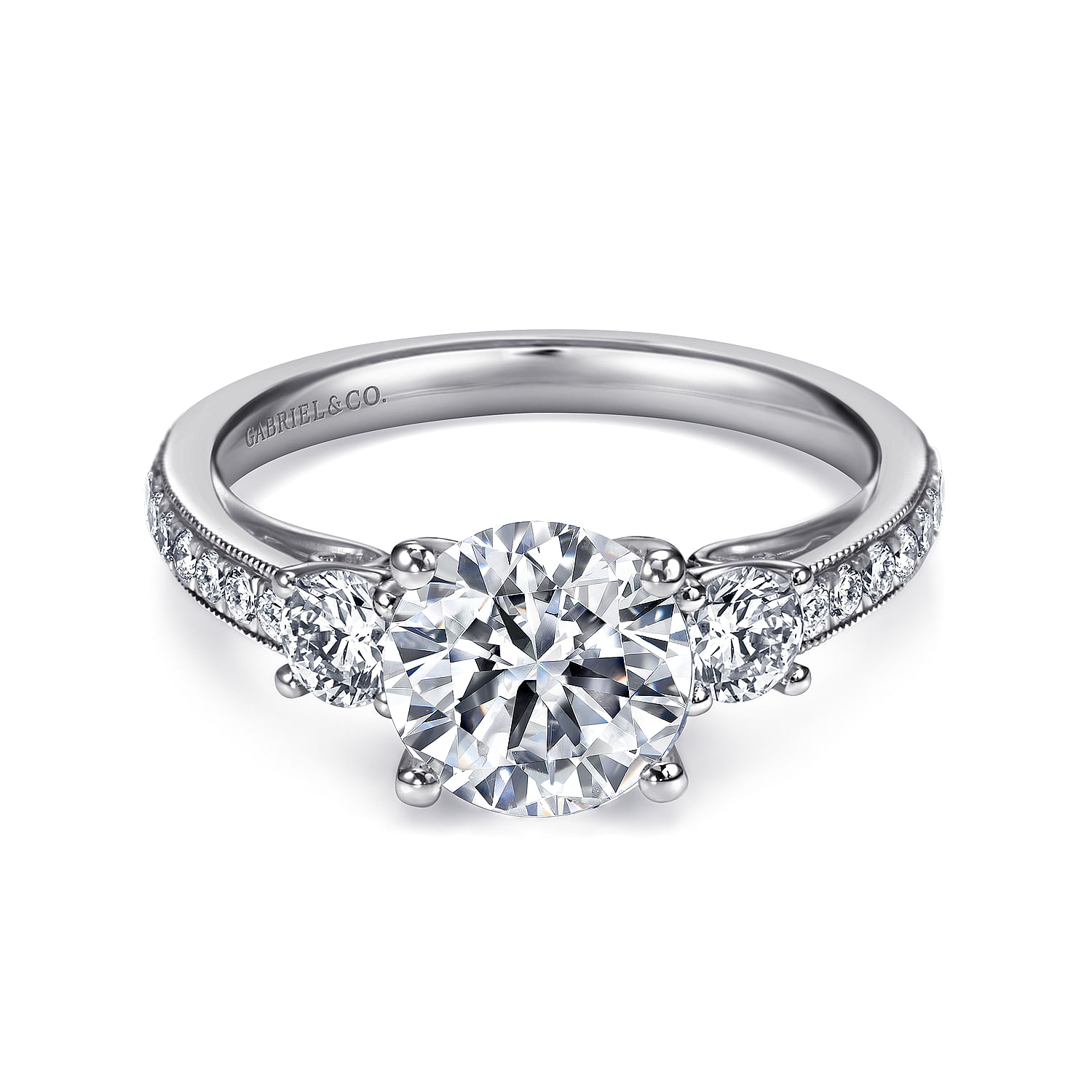 Rory - Vintage Inspired 14K White Gold Round Three Stone Diamond Engagement Ring