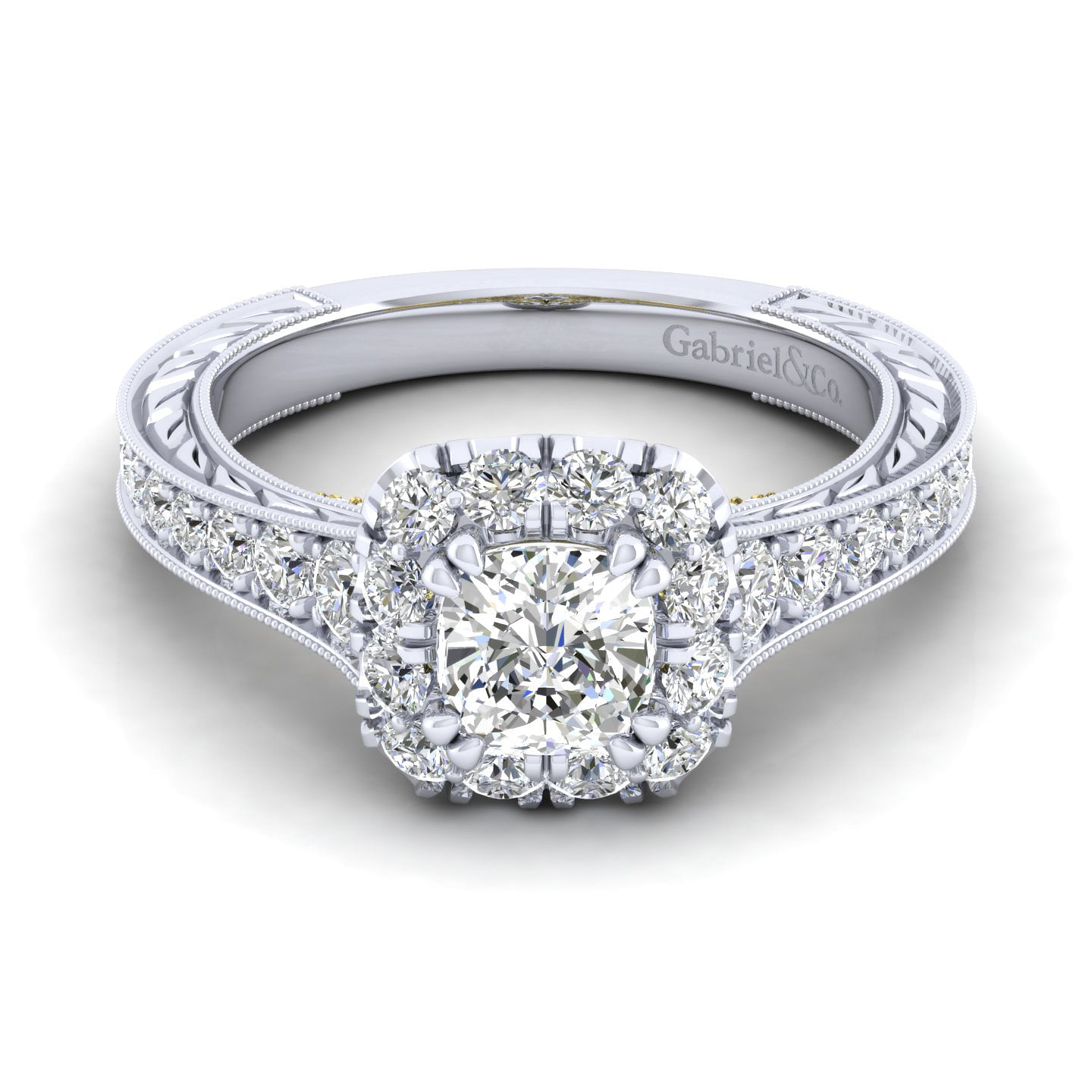 Samantha - 14K White-Yellow Gold Cushion Halo Diamond Engagement Ring