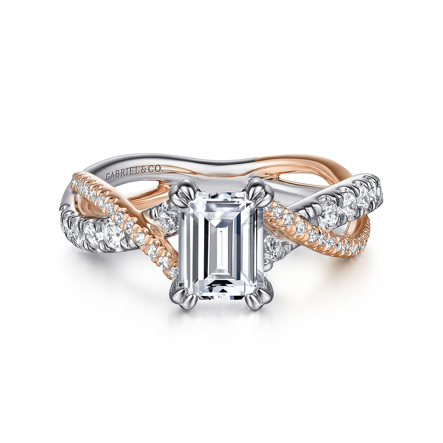 Sandrine - 14K White-Rose Gold Emerald Cut Diamond Twisted Engagement Ring