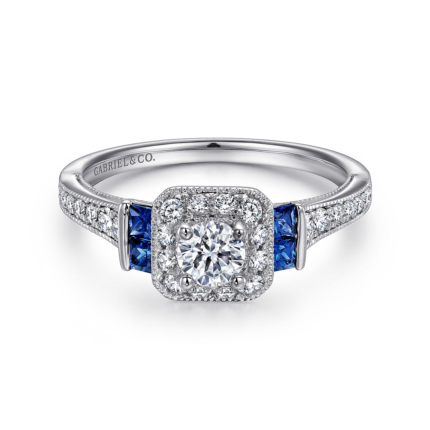 Scarlett - Vintage Inspired 14K White Gold Round Halo Sapphire and Diamond Complete Engagement Ring